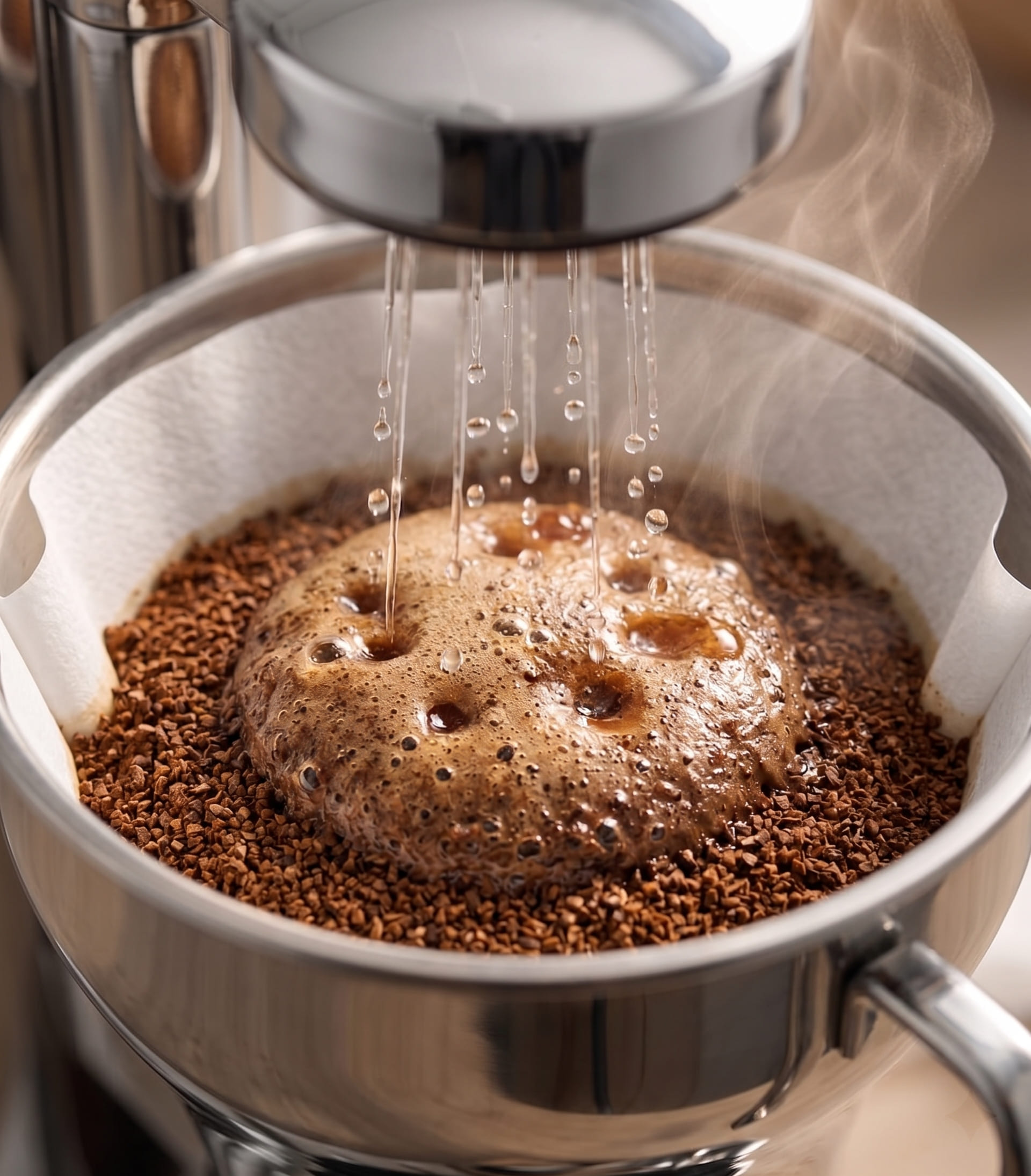 aarke drip coffee maker automatic bloom pre-infusion cycle hot water saturating freshly ground coffee bed in filter basket 30-second CO2 degassing