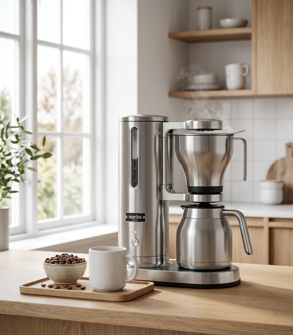aarke scandinavian coffee maker in bright minimalist kitchen with fresh whole bean coffee and ceramic mug morning brewing ritual