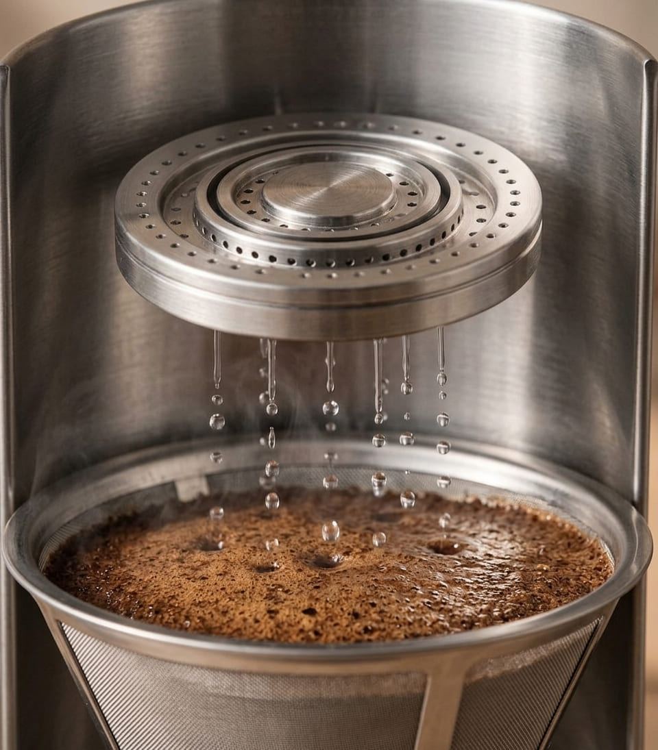 aarke drip coffee maker precision showerhead water distribution over flat-bottom filter basket for even extraction specialty coffee