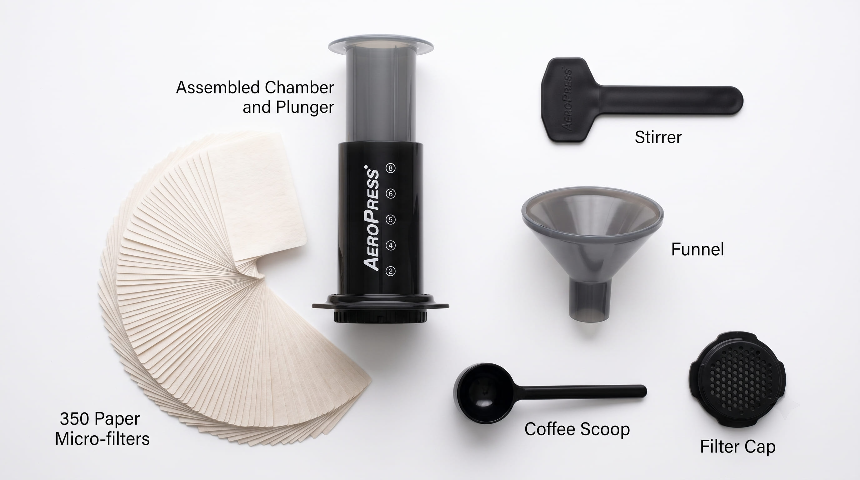 AeroPress Original included accessories — 350 micro-filters, stirrer, scoop, funnel, and filter cap laid out alongside the chamber and plunger