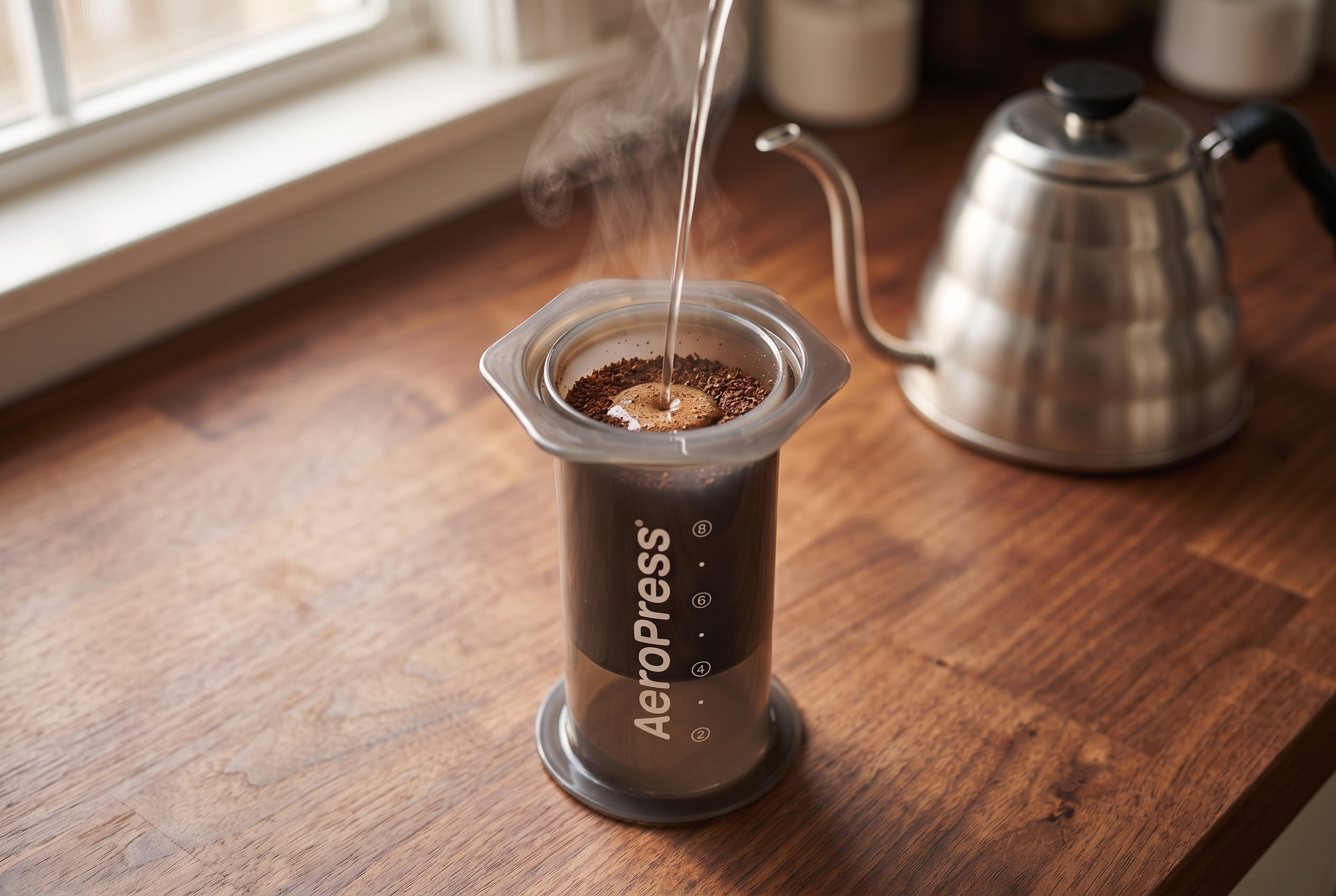 AeroPress Original brew chamber loaded with freshly ground coffee and hot water — standard brew method setup before plunging