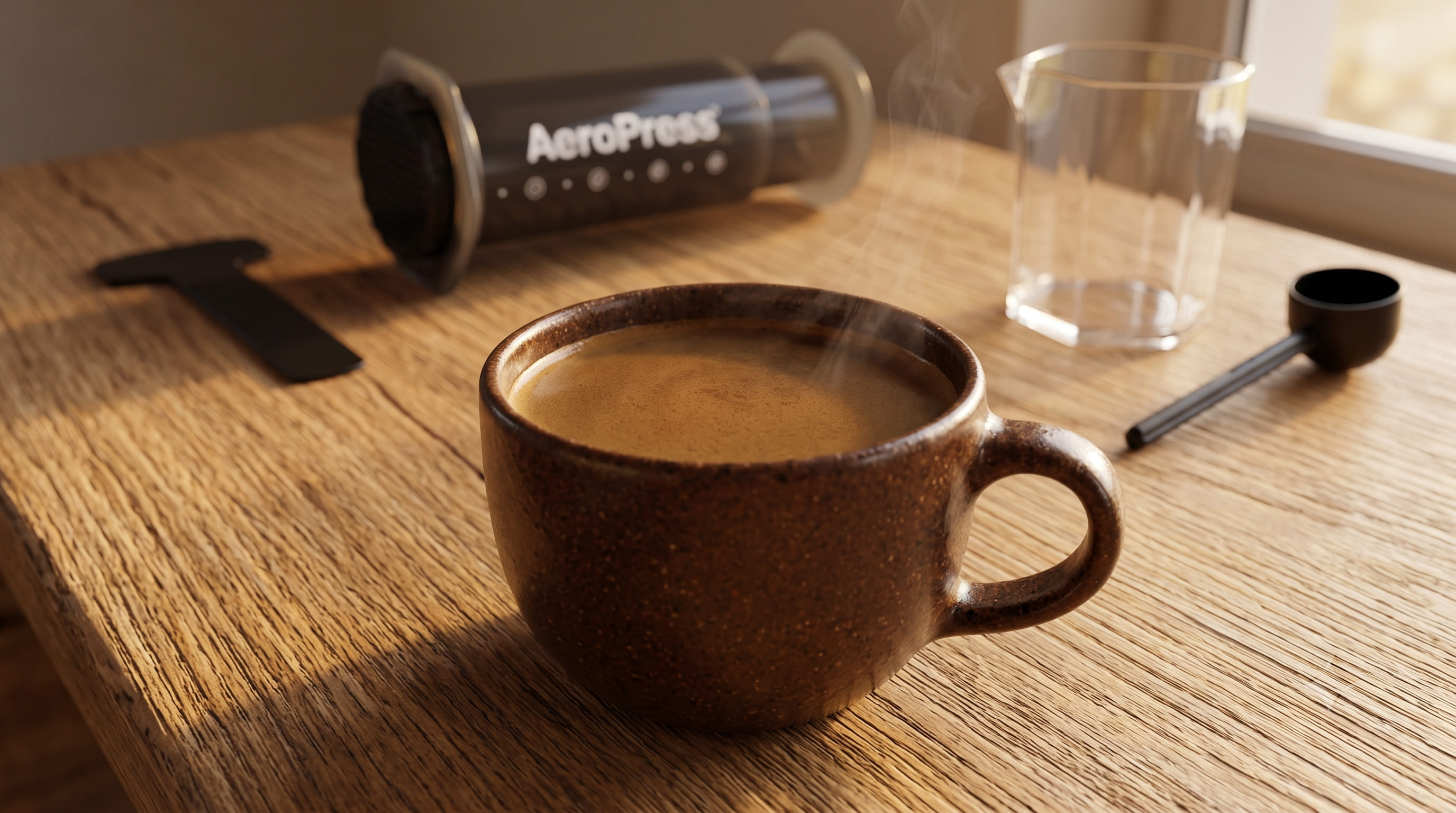 Freshly brewed AeroPress coffee in ceramic mug — smooth, low-acid, full-bodied cup from AeroPress Original total immersion brewing