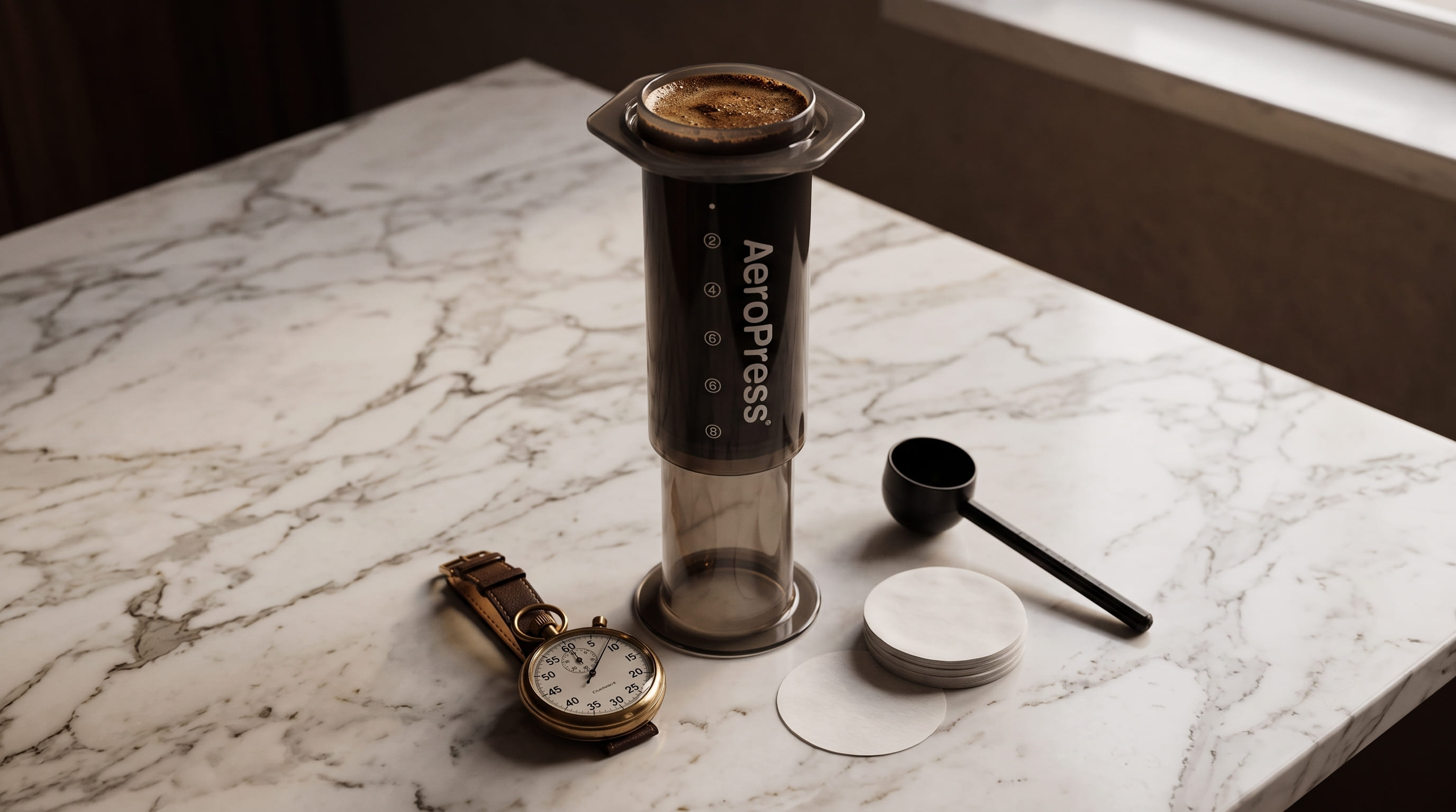 AeroPress inverted brewing method — chamber upside down on counter with coffee steeping before flipping and pressing