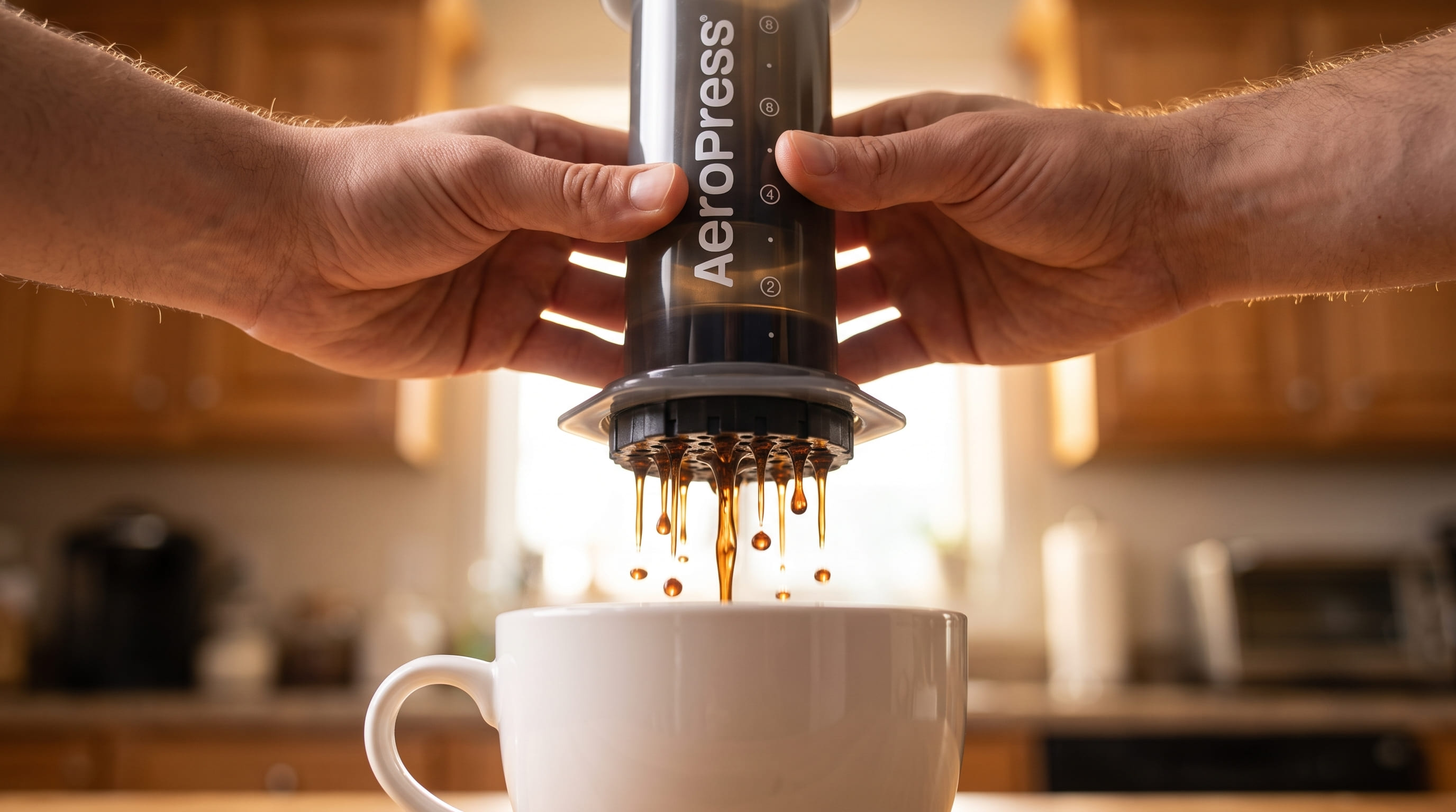 Pressing the AeroPress plunger slowly to extract coffee through micro-filter into ceramic mug — AeroPress total immersion pressure extraction
