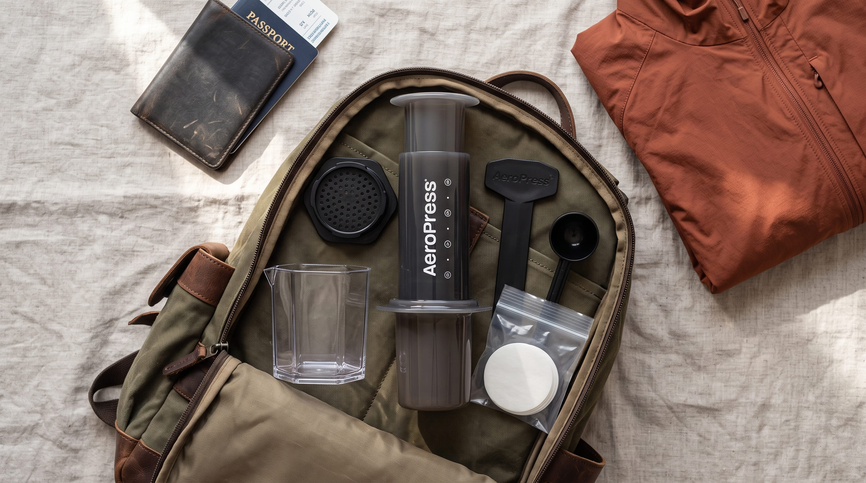 AeroPress Original packed for travel — compact, lightweight manual coffee maker disassembled to fit in a bag or backpack for camping and travel brewing