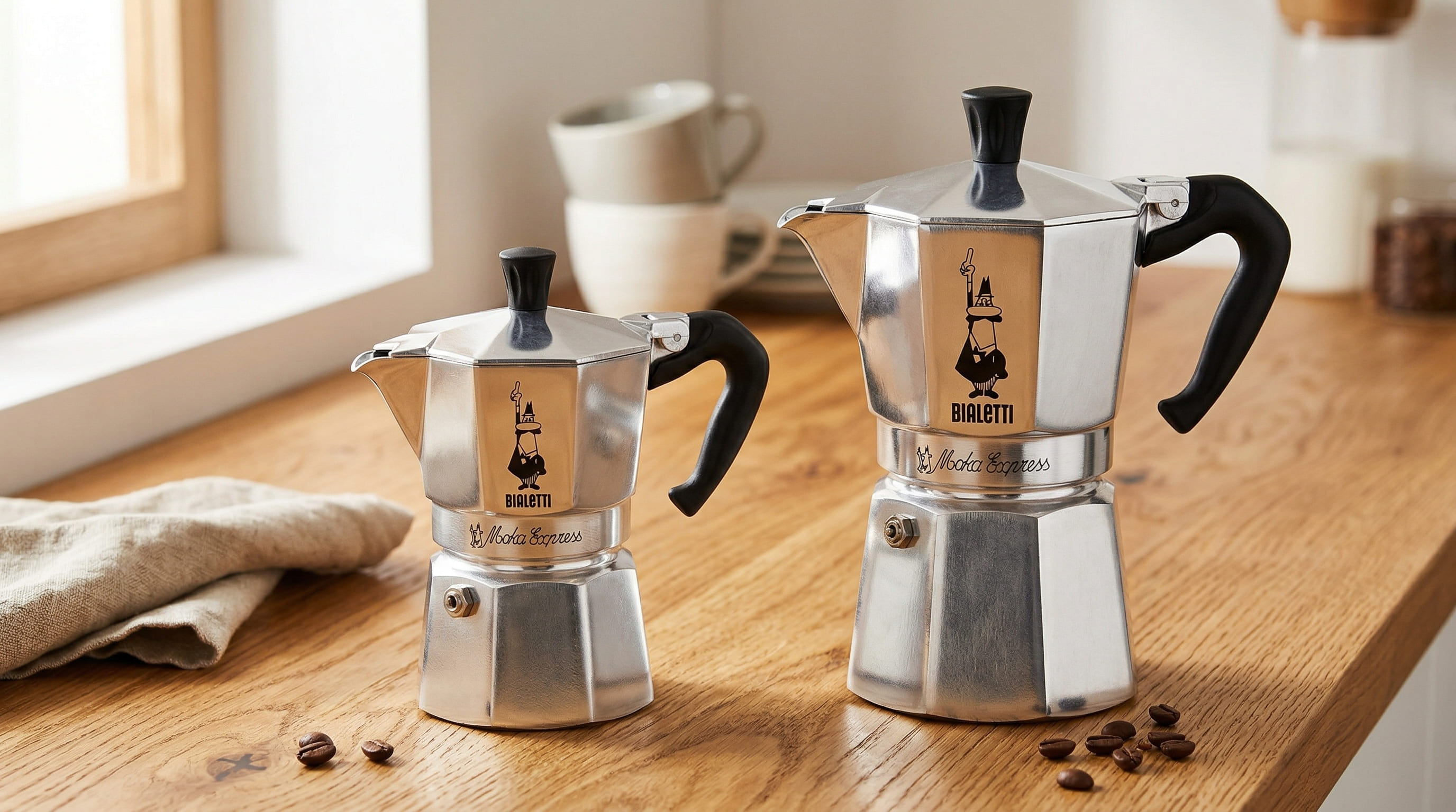 Bialetti Moka Express 3-cup and 6-cup models side by side showing size comparison of stovetop moka pot options on a wooden surface
