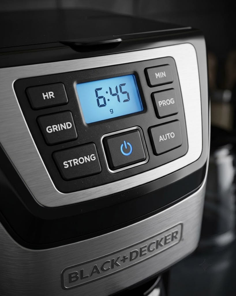 24-hour programmable digital timer control panel on BLACK+DECKER coffee maker showing brew strength and delay brew settings