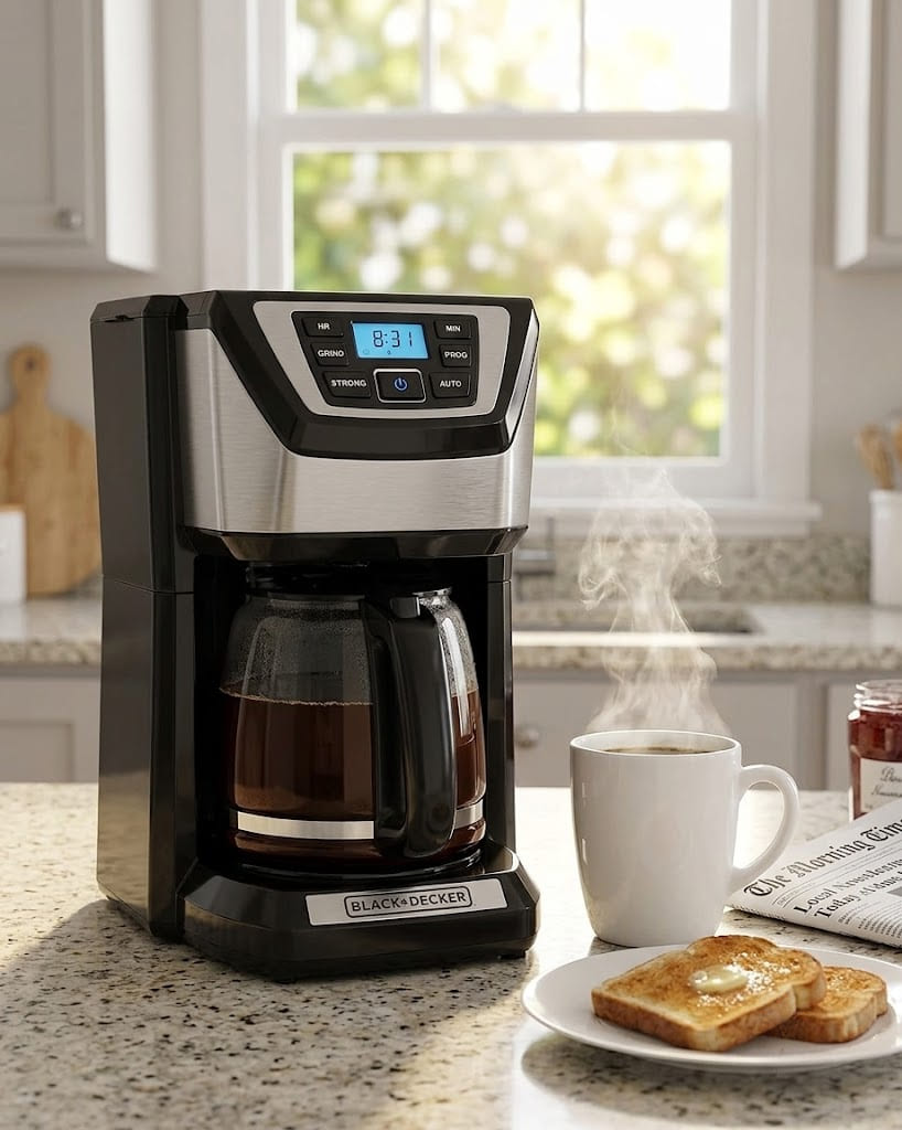 BLACK+DECKER budget-friendly programmable coffee maker on kitchen counter next to morning coffee mug and newspaper setup
