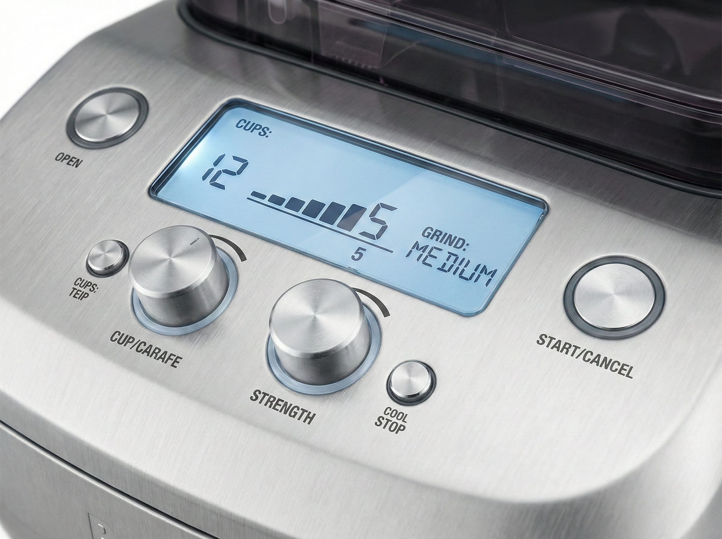 Breville Grind Control LCD digital display panel showing 8 customizable strength settings precision brewing controls adjustable bloom time bean to cup options