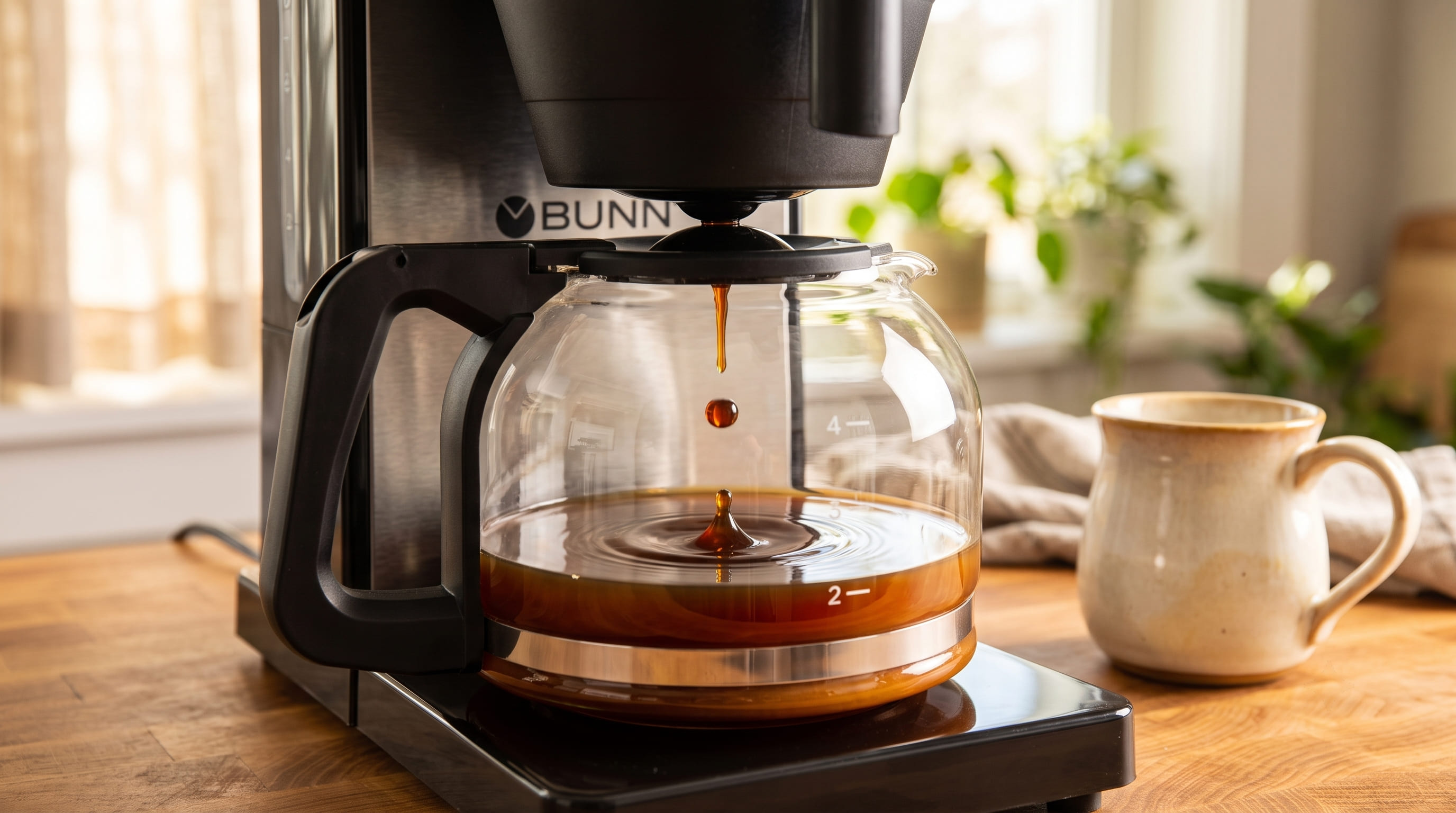 Fresh brewed coffee from BUNN GRB pouring into thermal carafe showing rich amber color indicating proper extraction quality