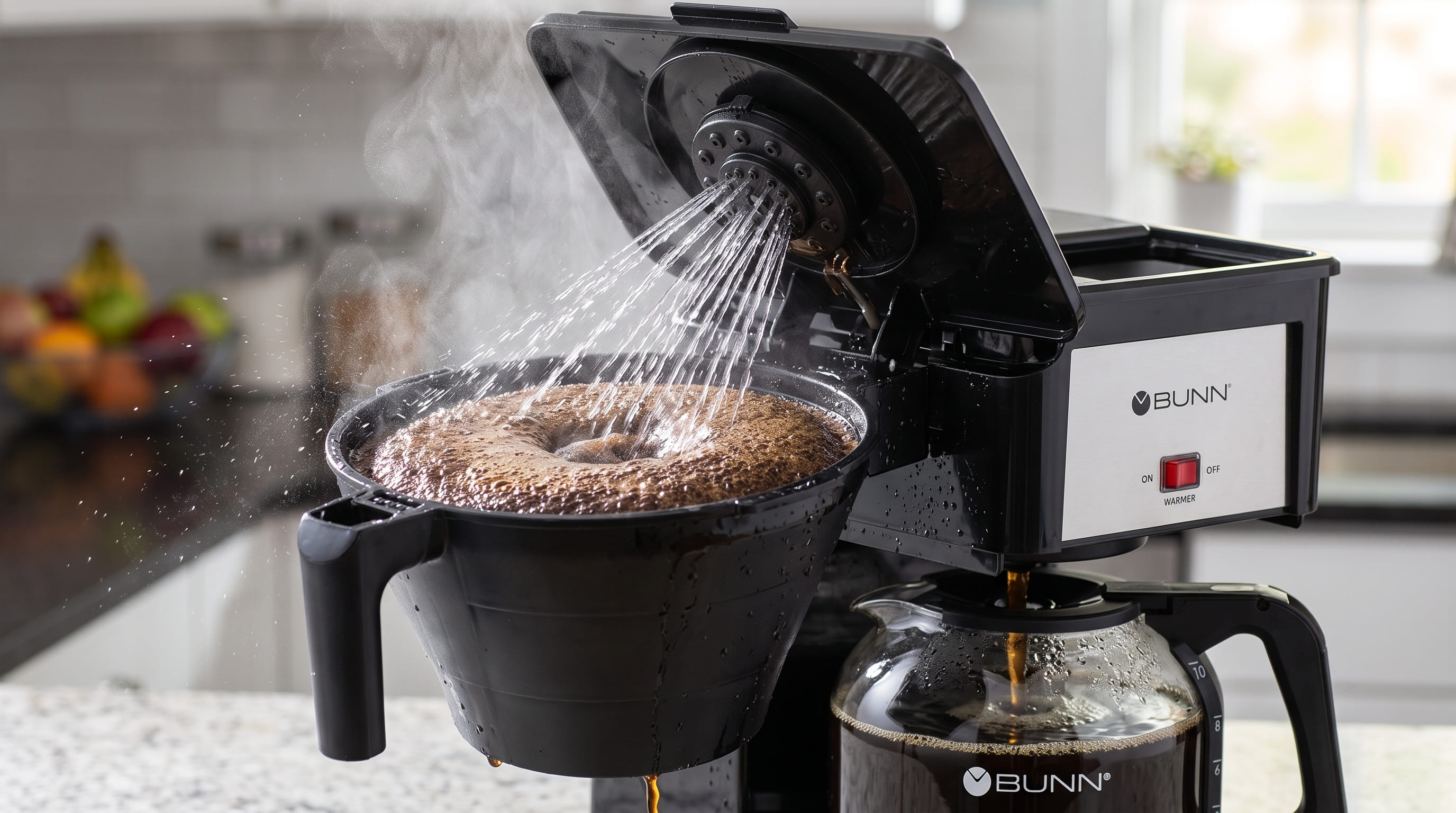 BUNN GRB in operation showing rapid spray head water distribution over coffee grounds demonstrating commercial saturation technology