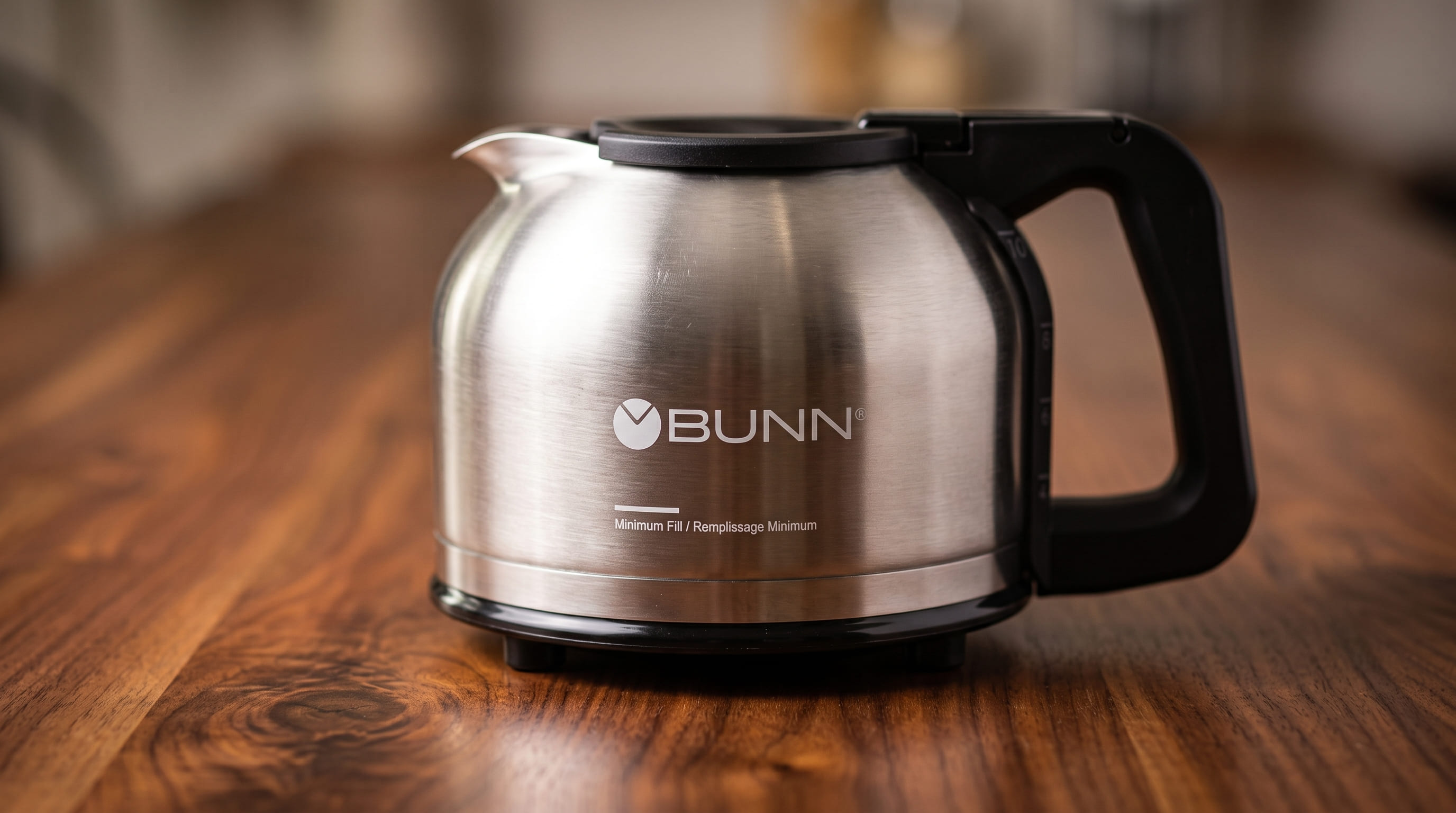 Stainless steel thermal carafe detail from BUNN GRB showing insulated double-wall construction and pour spout design