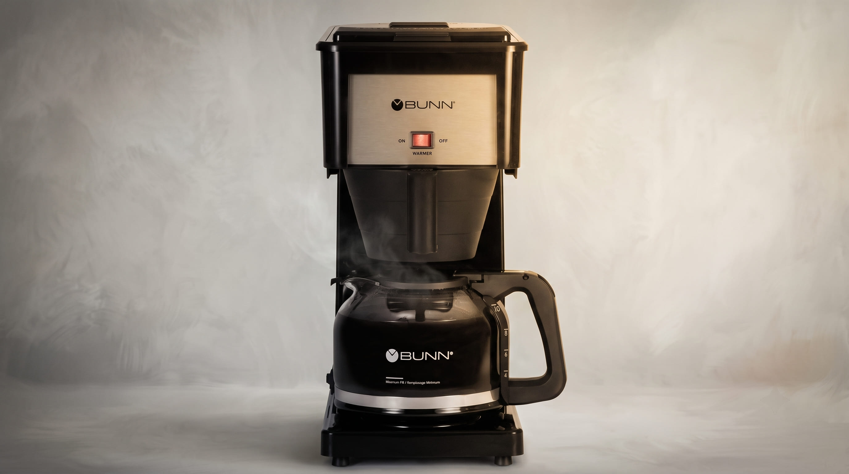 BUNN GRB front view showing programmable digital interface, water reservoir level indicator, and thermal carafe position