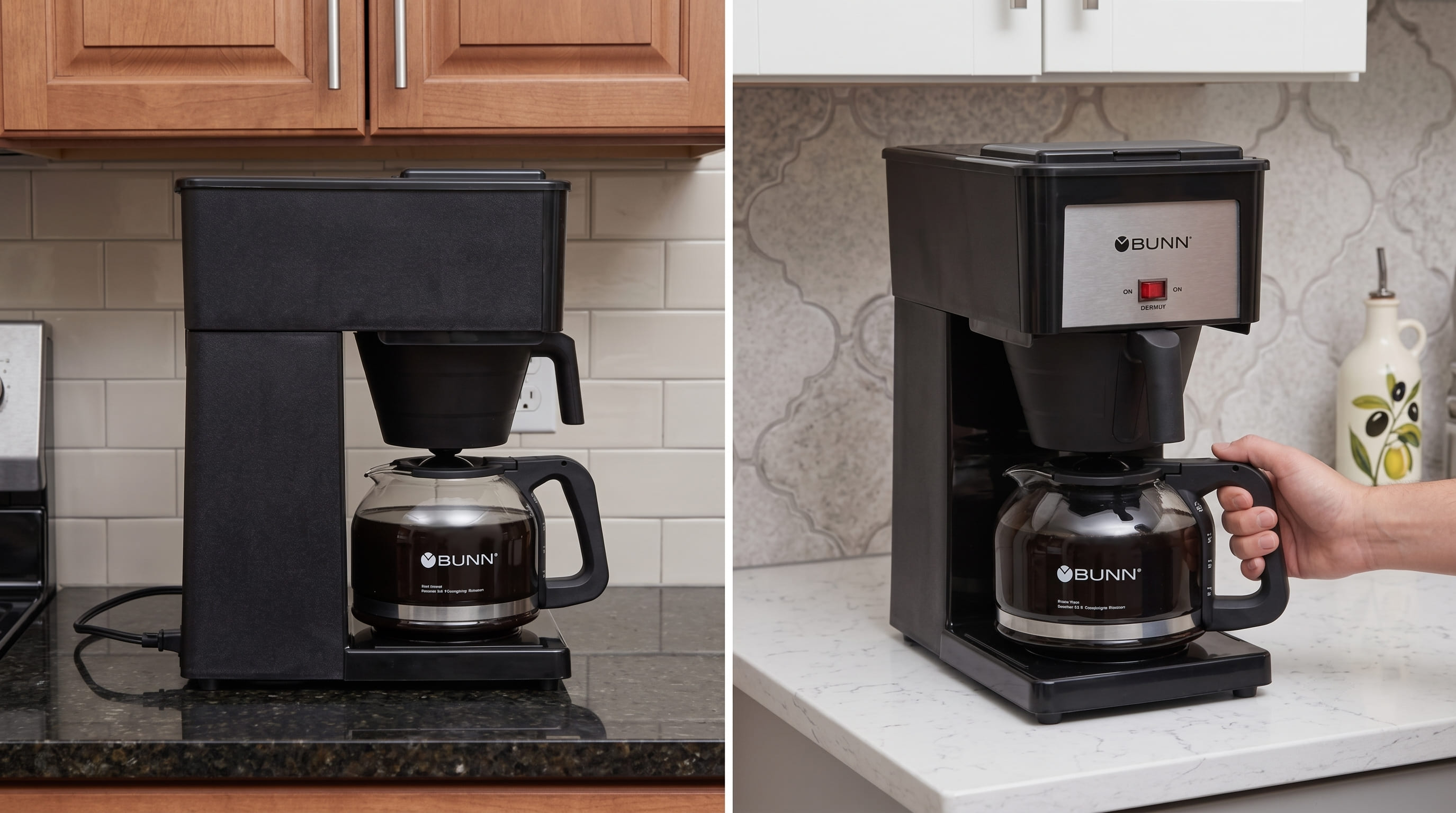 Side angle view of BUNN GRB Velocity Brew on kitchen counter showing overall dimensions, carafe position, and construction quality