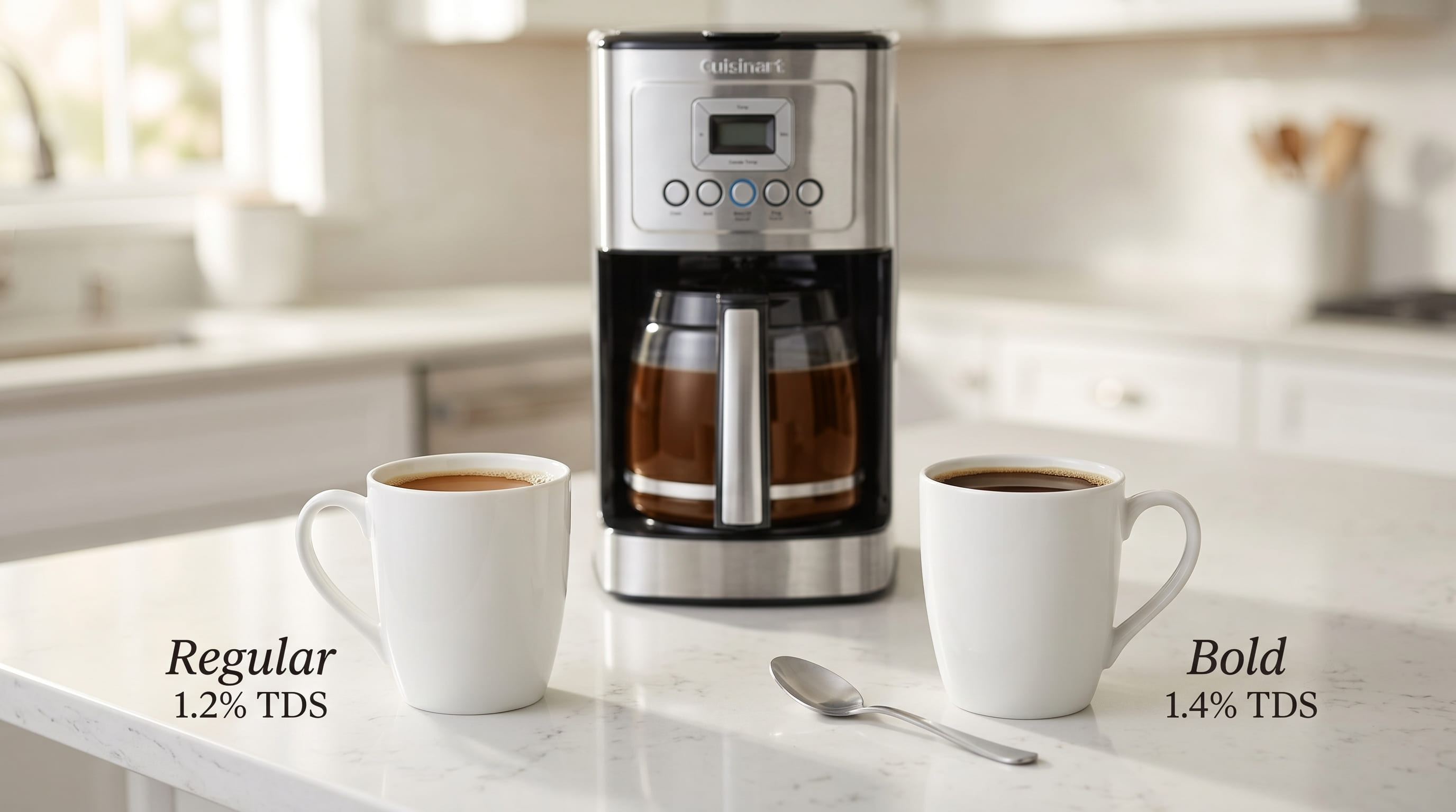 Cuisinart 14-Cup Regular vs Bold brew side by side — Bold cup visibly darker and stronger in white ceramic mugs