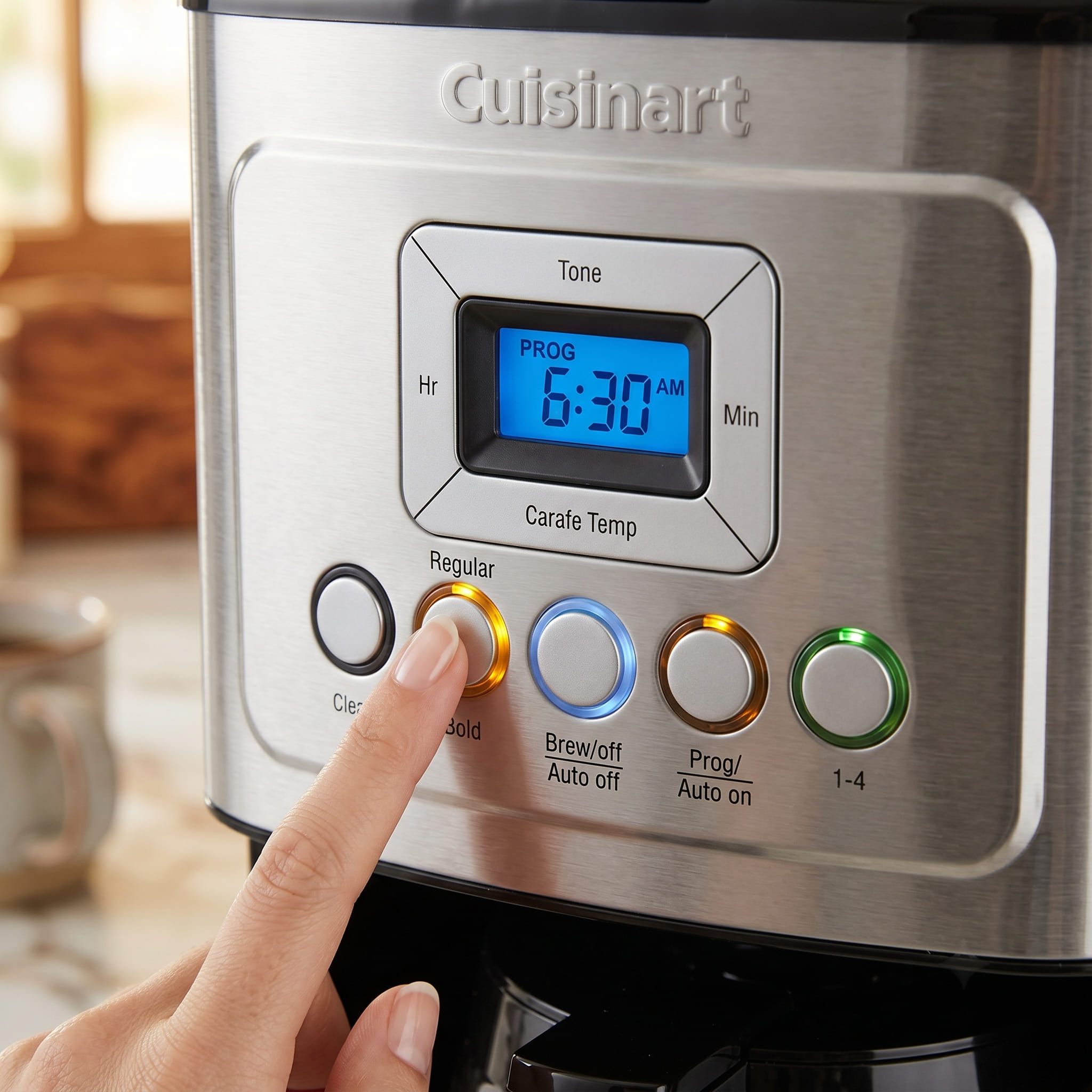 Cuisinart 14-Cup control panel showing Bold brew mode selected and programmable auto-brew timer set to 6:30 AM