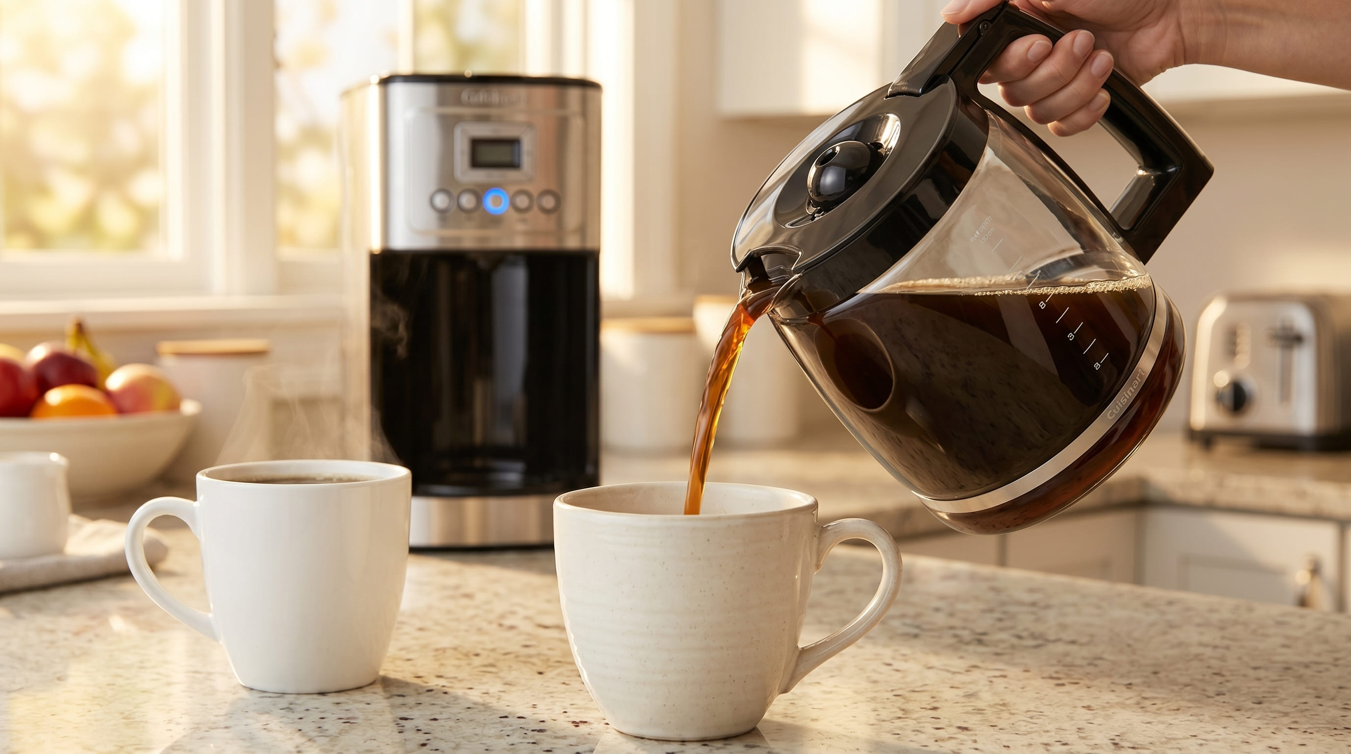Cuisinart 14-Cup glass carafe pouring clean drip-free coffee stream into a large white mug on a kitchen counter