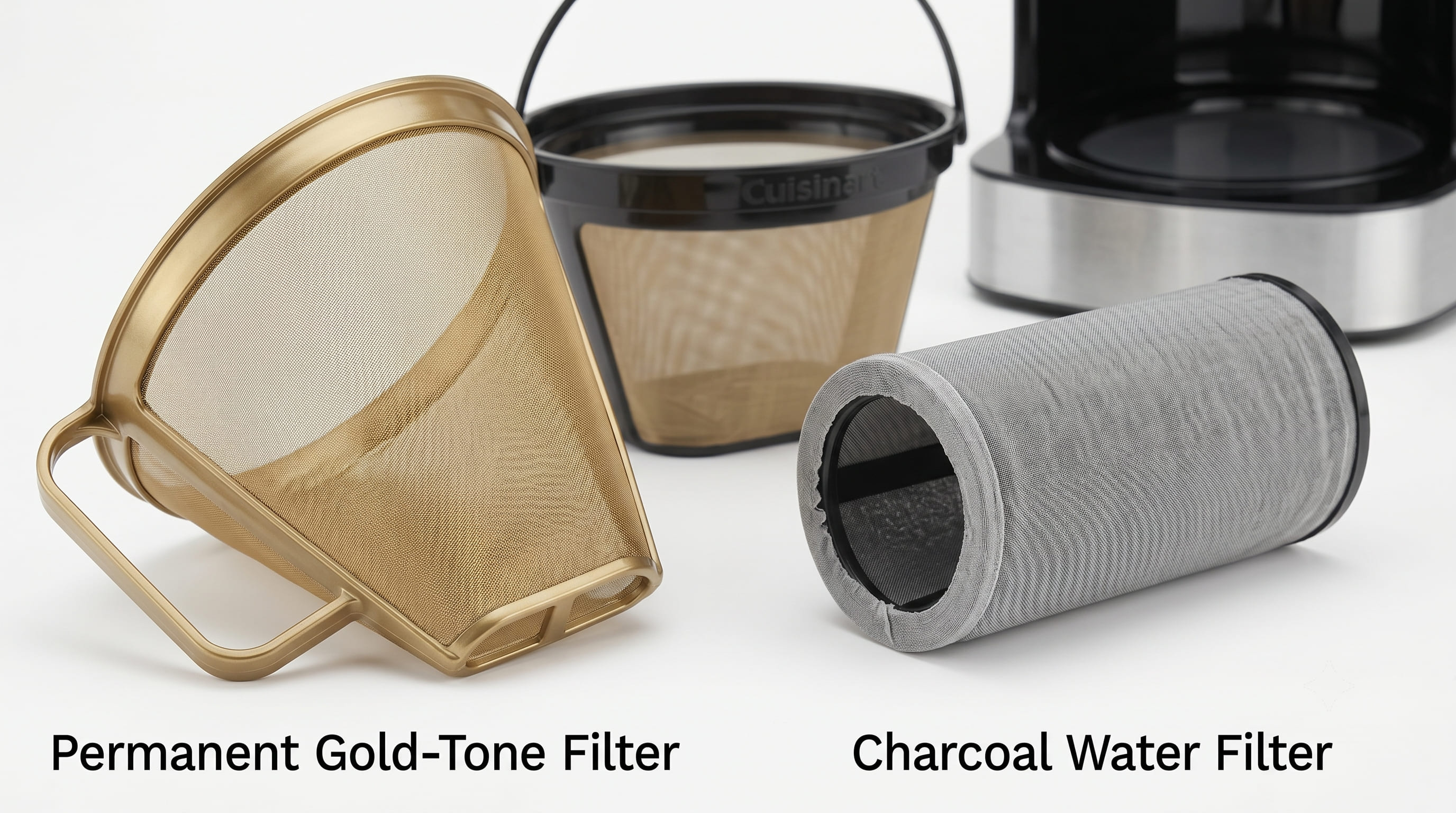 Cuisinart 14-Cup permanent gold-tone coffee filter and charcoal water filter displayed side by side on clean surface