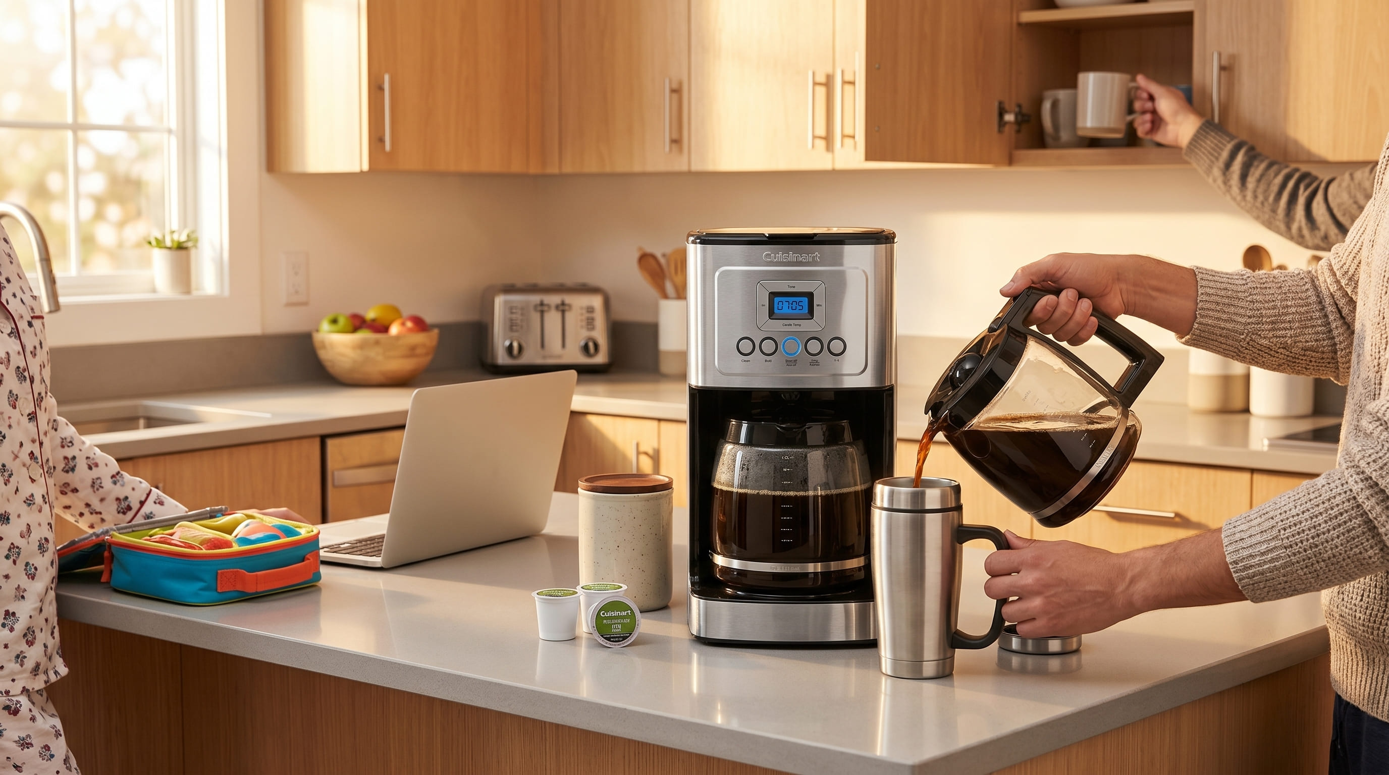 Cuisinart 14-Cup Coffee Maker in a busy family kitchen on a weekday morning — carafe already full from auto-brew timer