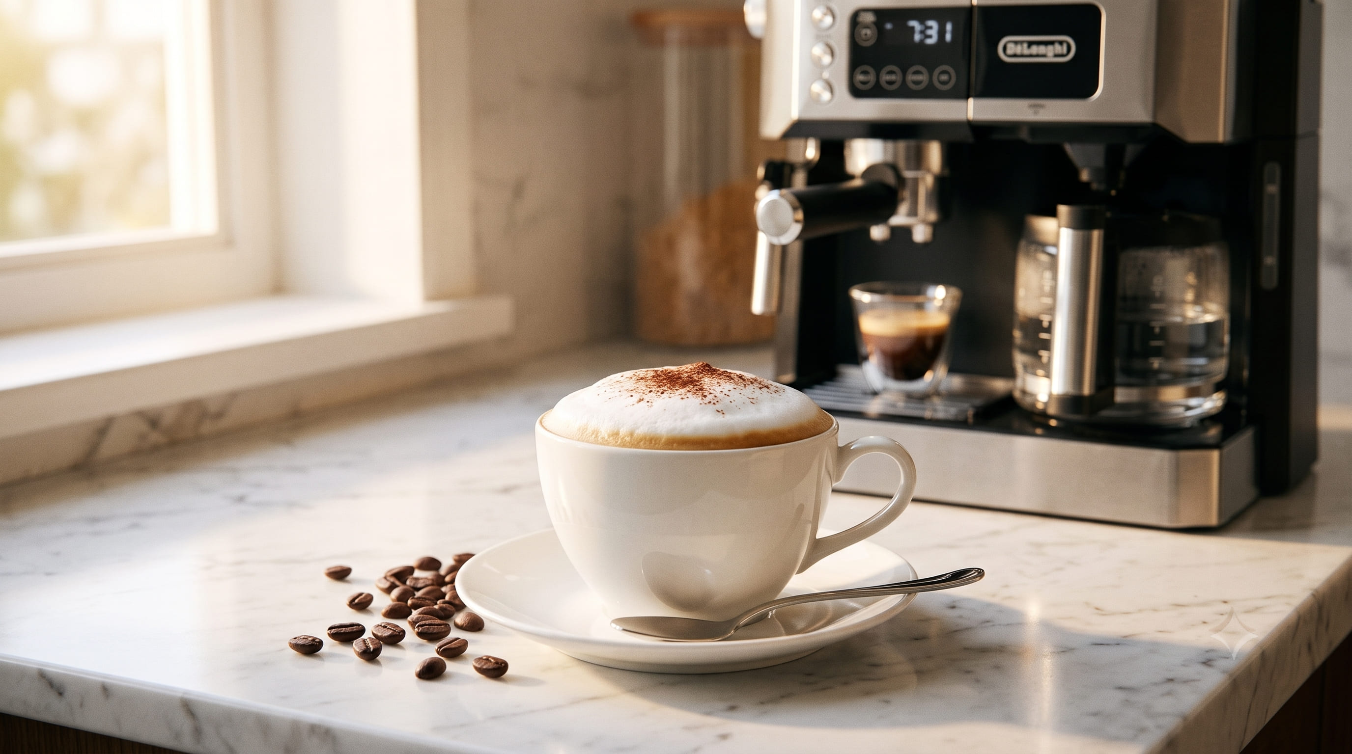 Finished cappuccino made with De'Longhi All-in-One espresso shot and frothed milk in a ceramic cup