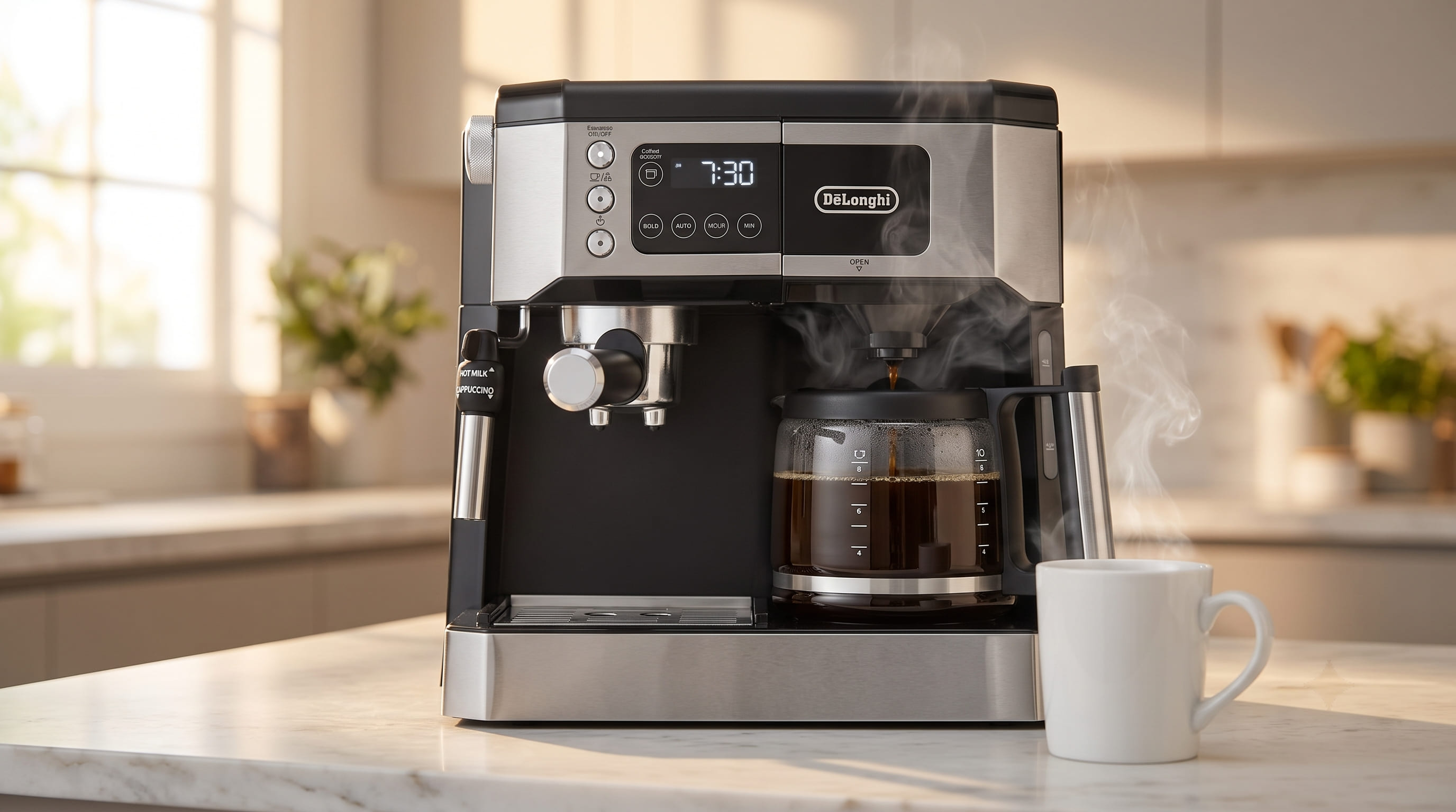 De'Longhi All-in-One drip coffee side brewing into a full glass carafe on the warming plate
