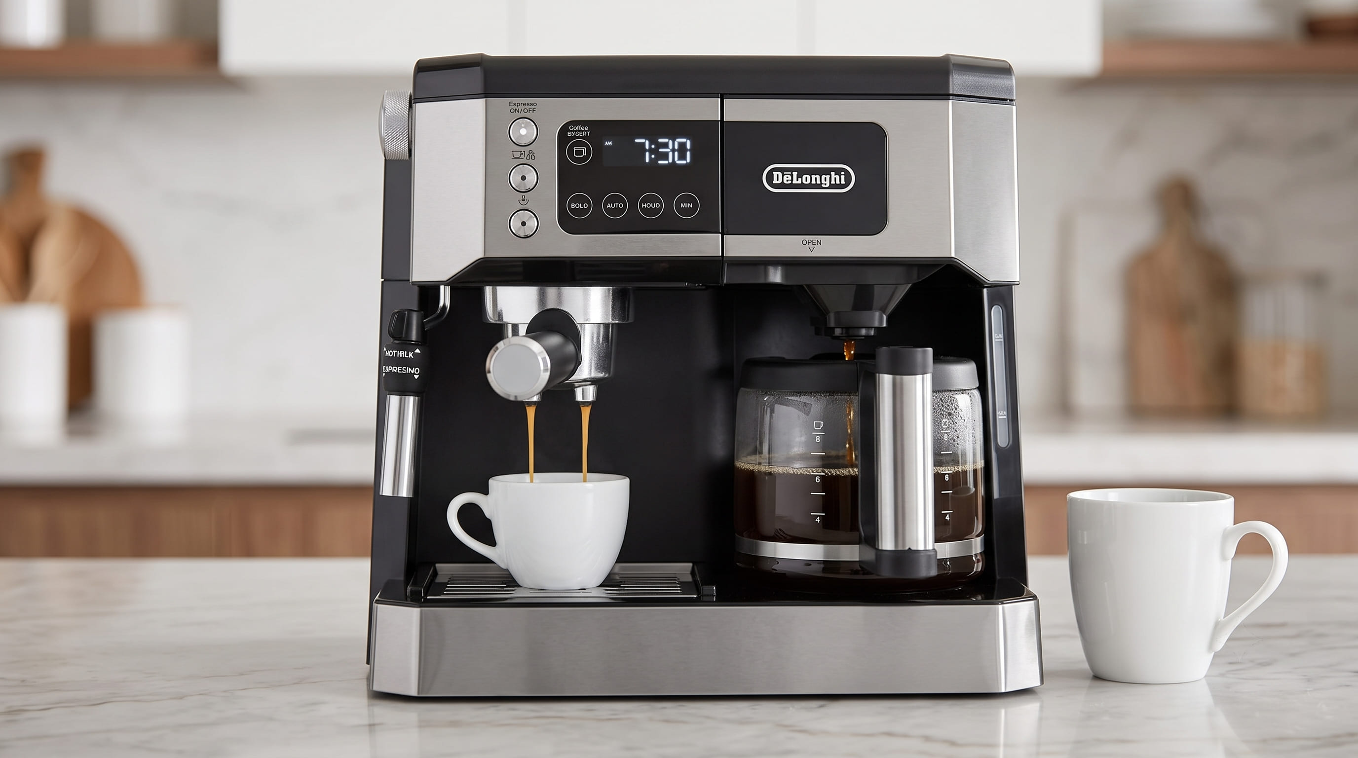 De'Longhi All-in-One brewing drip coffee and espresso simultaneously — both sides active at once