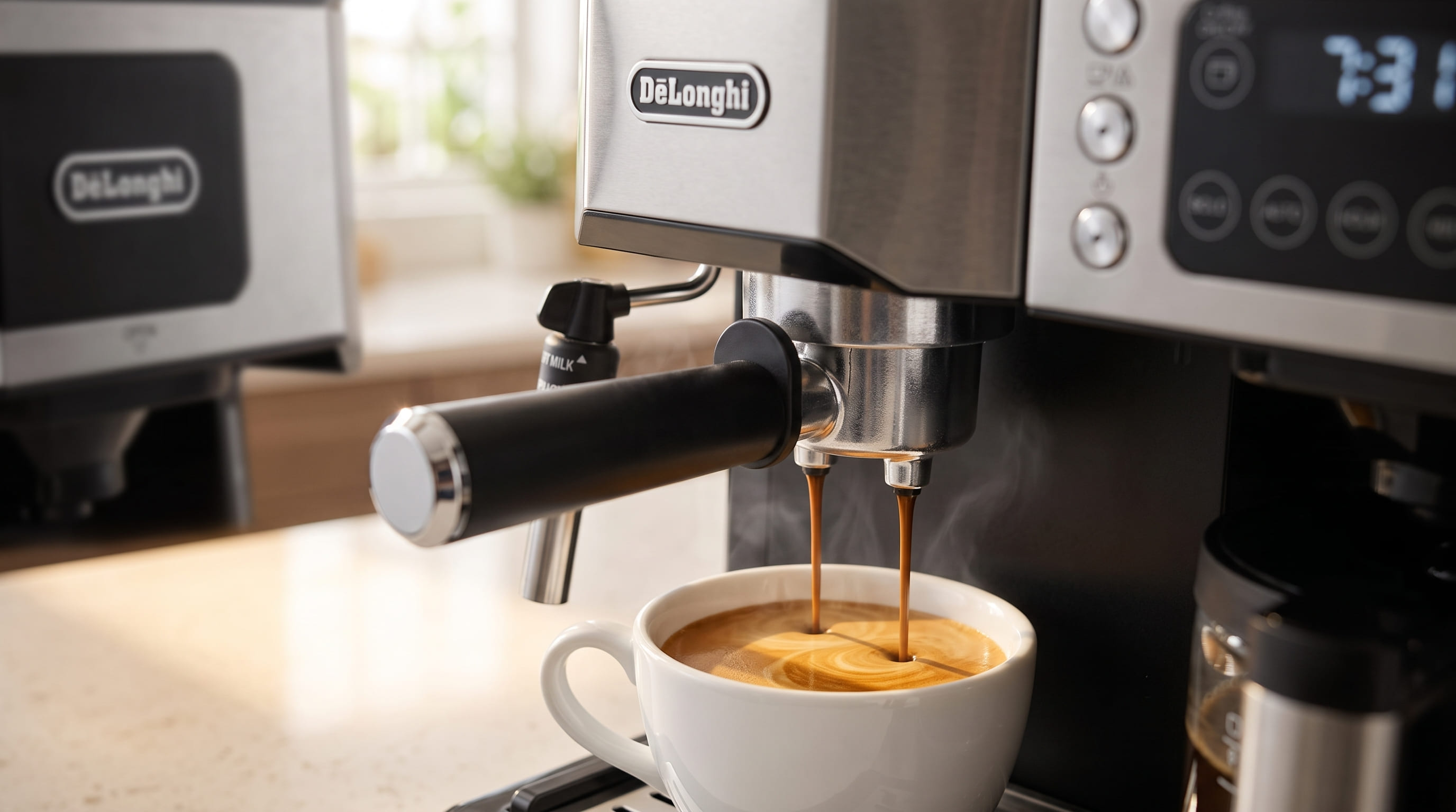 De'Longhi All-in-One pulling a double espresso shot with thick crema into a white ceramic cup