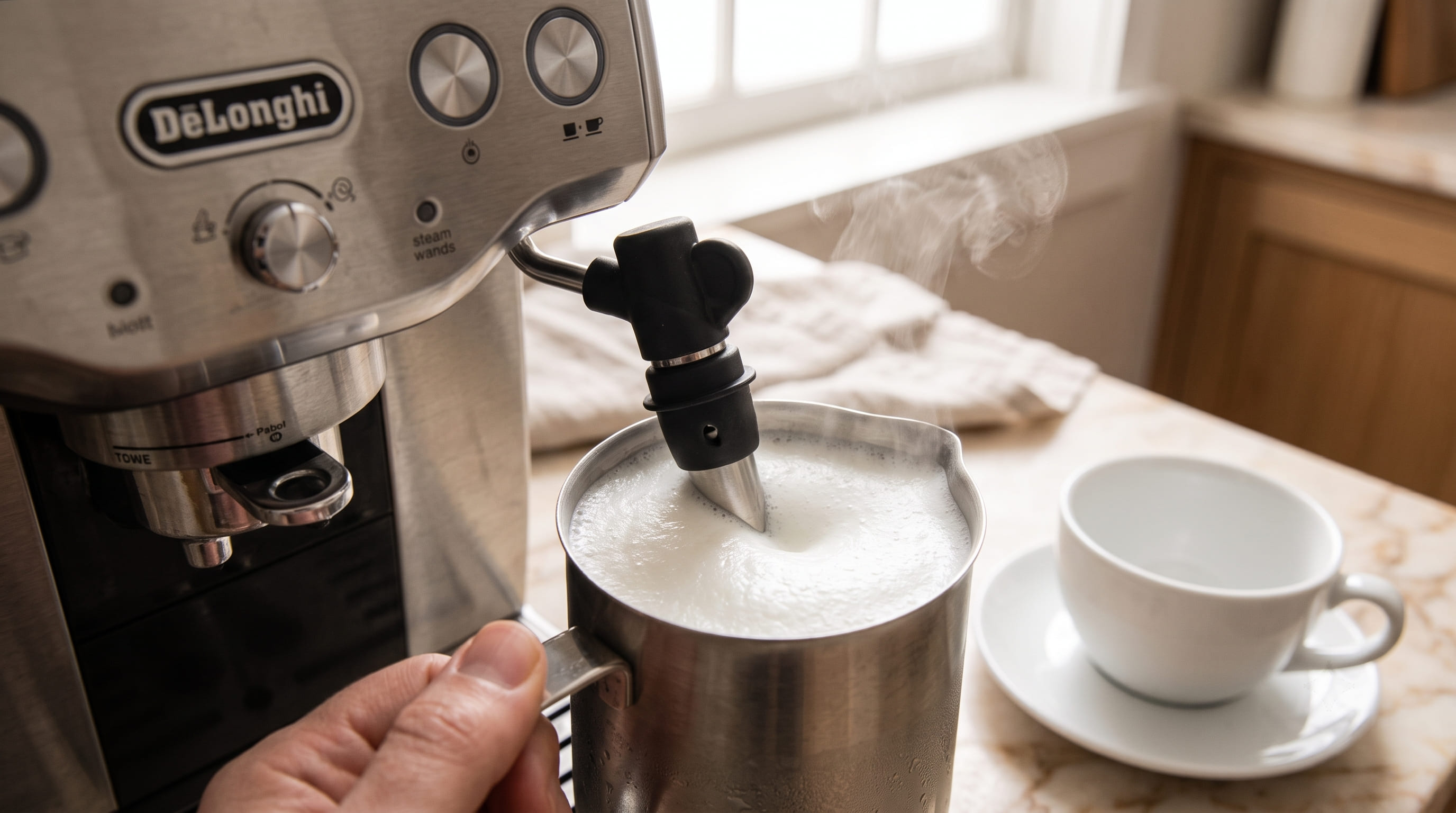 De'Longhi All-in-One steam wand frothing whole milk in a stainless steel pitcher for cappuccino