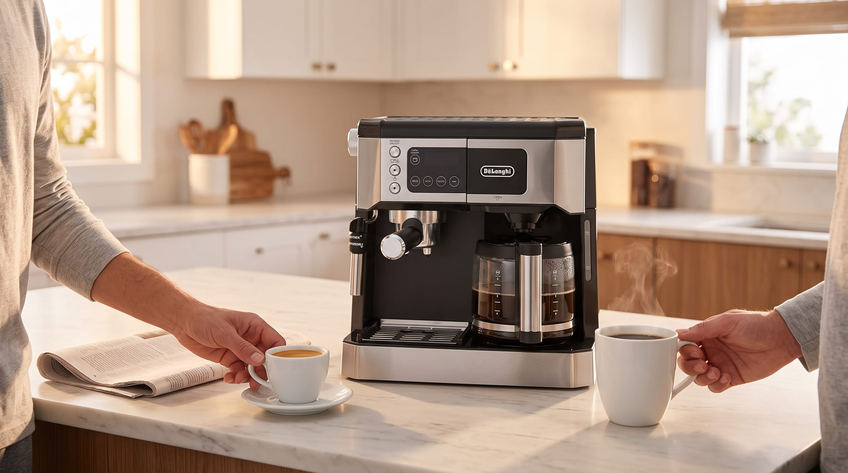 De'Longhi All-in-One in a modern kitchen morning scene — espresso and drip coffee both on the counter ready to serve