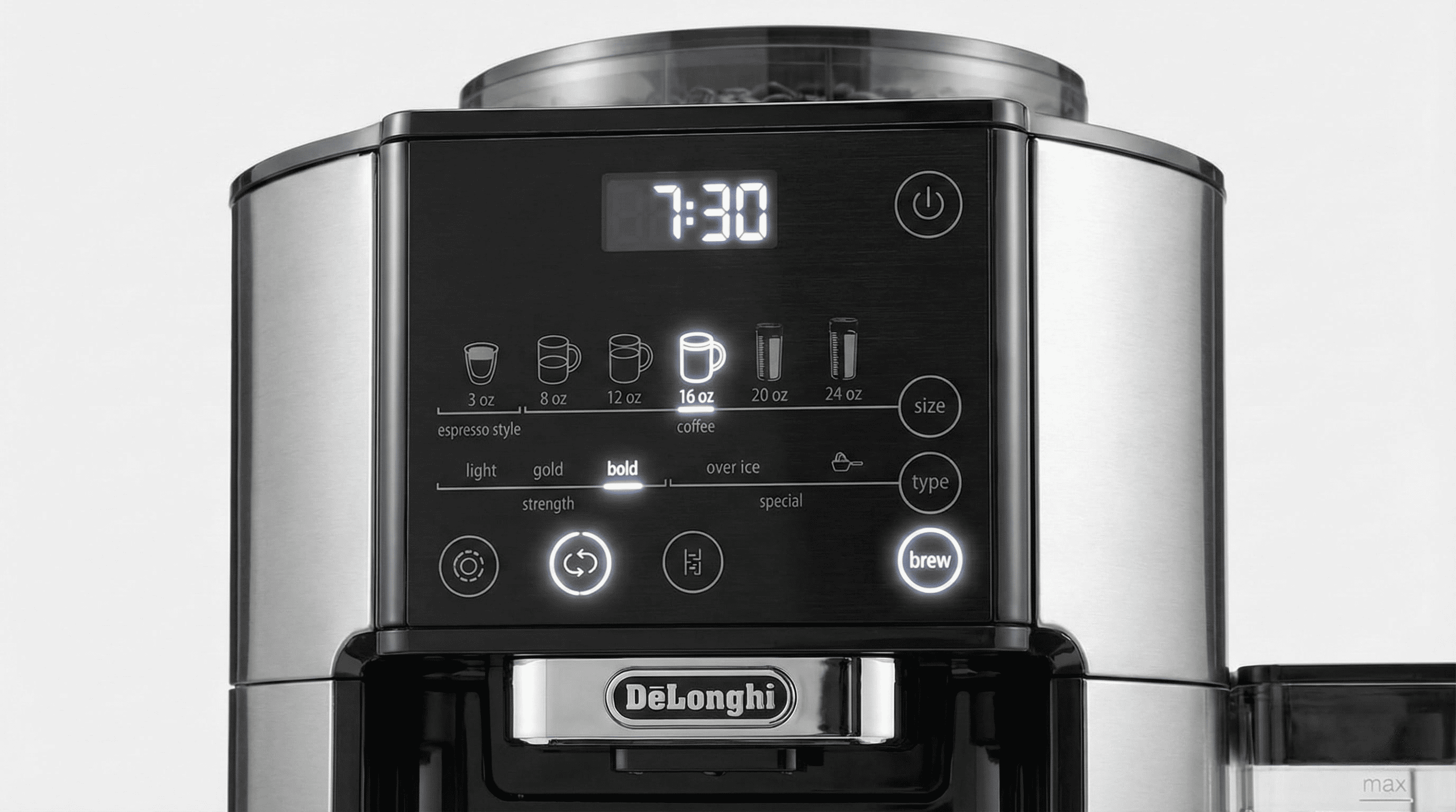 DeLonghi TrueBrew 6 brew styles control panel Light Gold Bold Over Ice pour-over automatic coffee maker