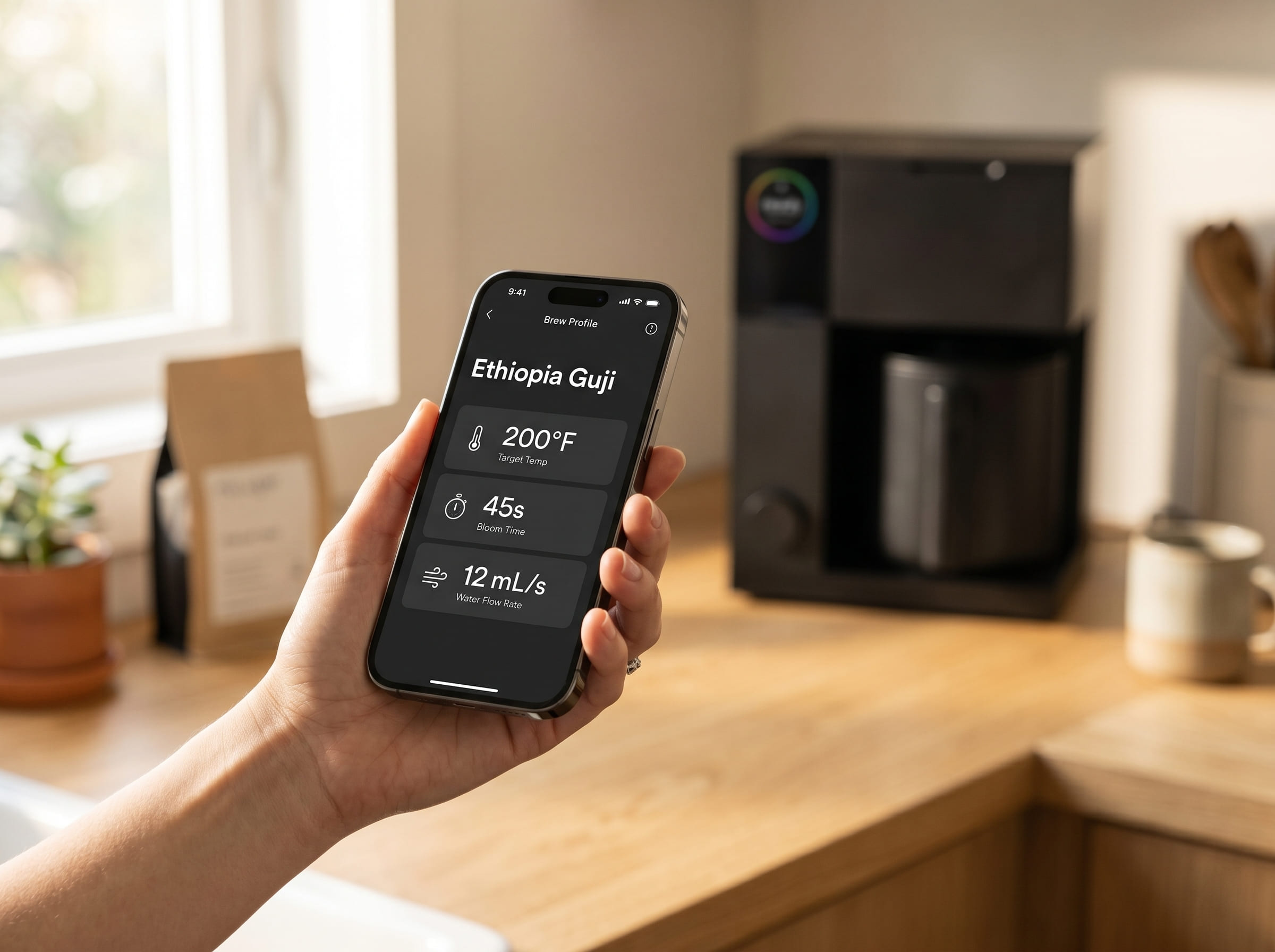 Fellow app brew profile screen on iPhone showing custom bloom time, temperature, and flow rate settings for a Fellow Aiden brew recipe — app-controlled drip coffee maker interface