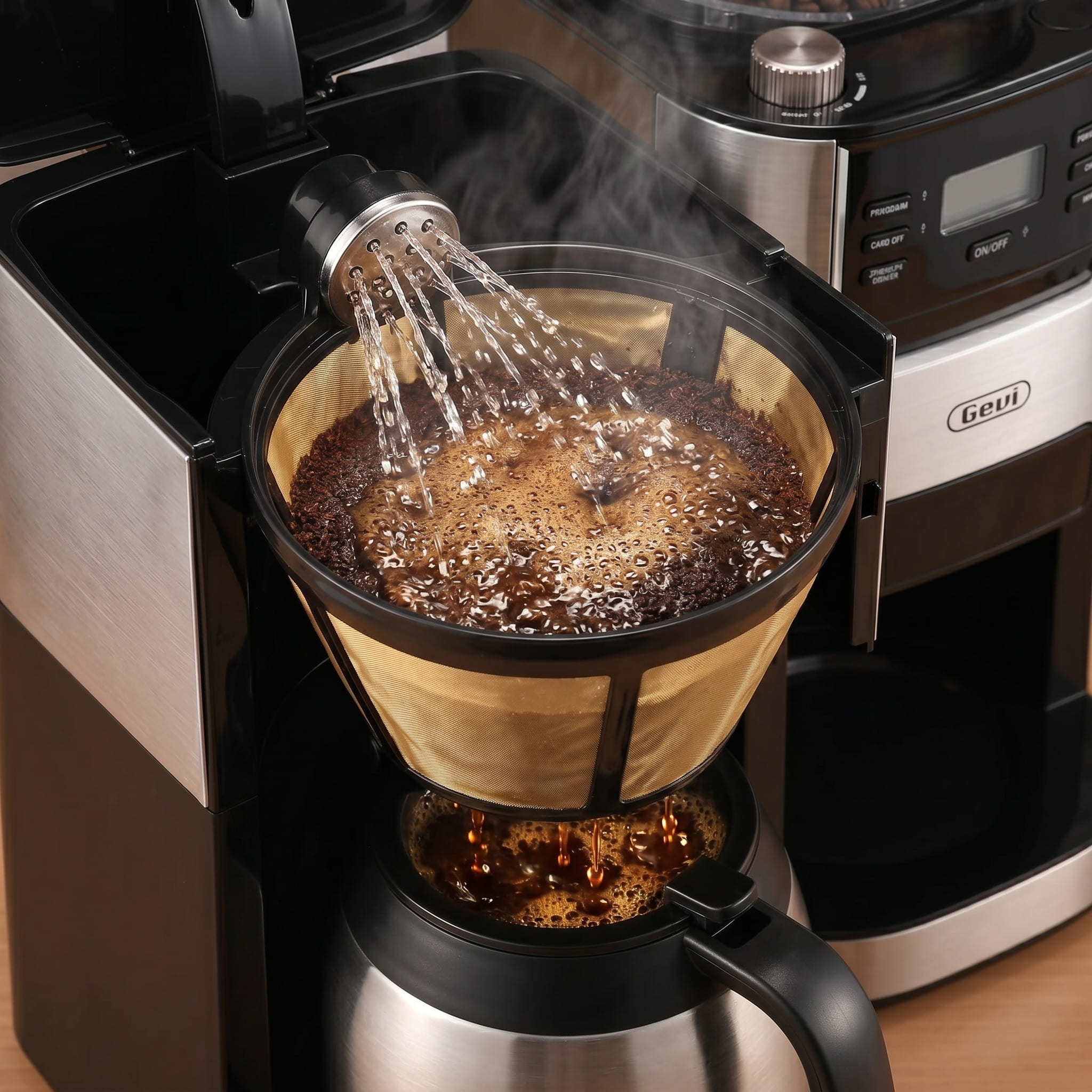 Hot water dispensing from showerhead into filter basket during brewing cycle of Gevi drip coffee maker