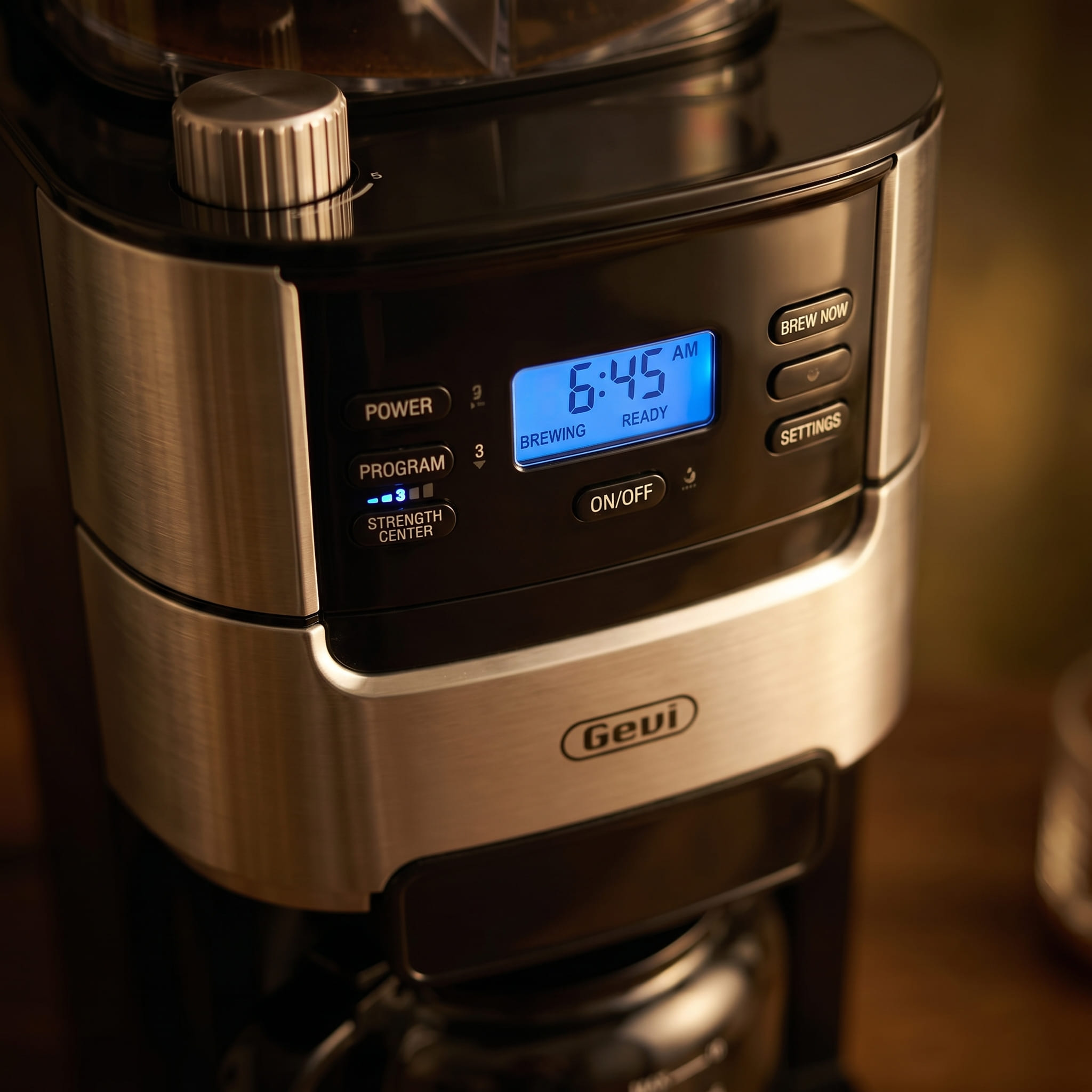 Gevi coffee maker digital control panel showing programmable timer, temperature settings, and brew strength options