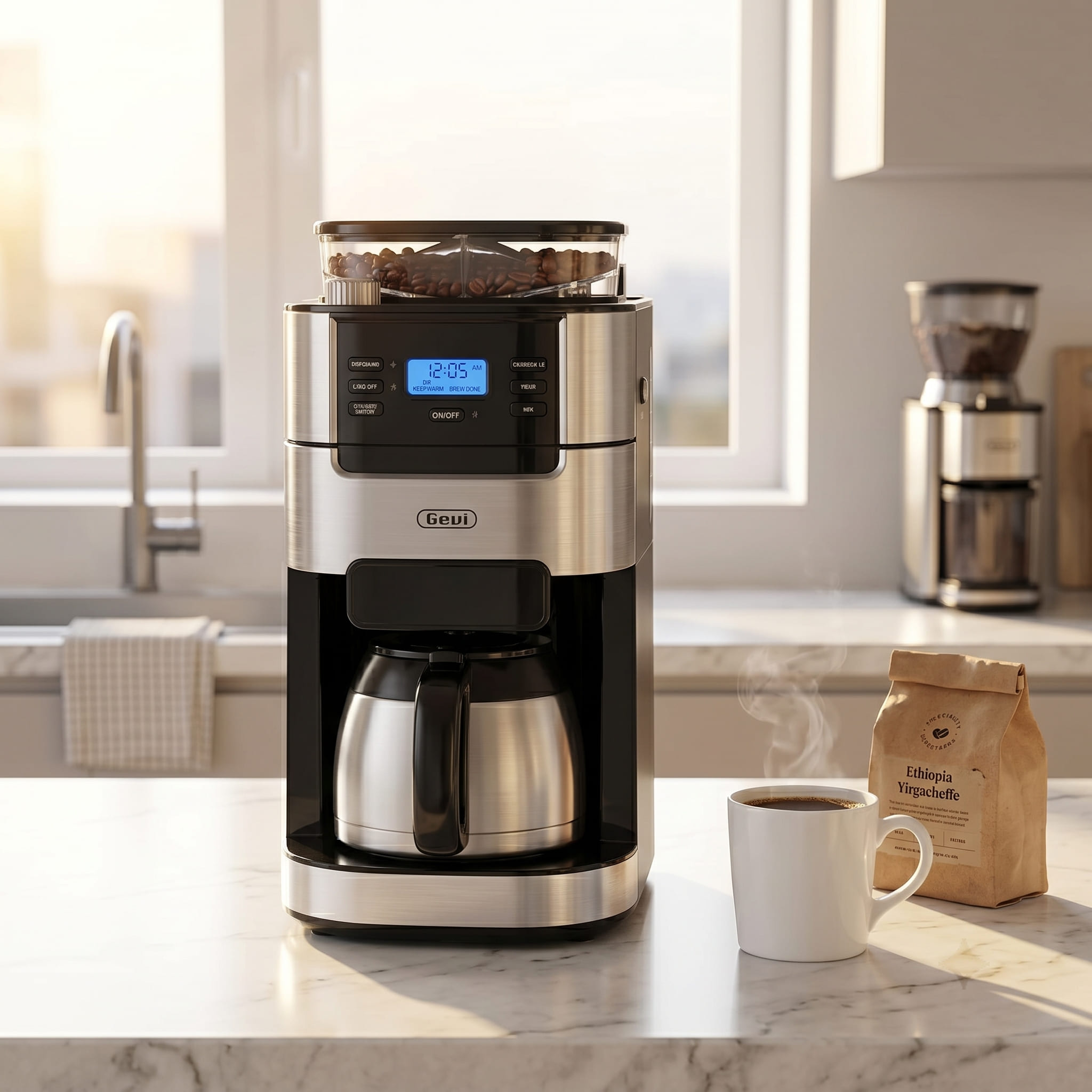 Gevi 10-cup programmable coffee maker on modern kitchen counter with thermal carafe and fresh brew