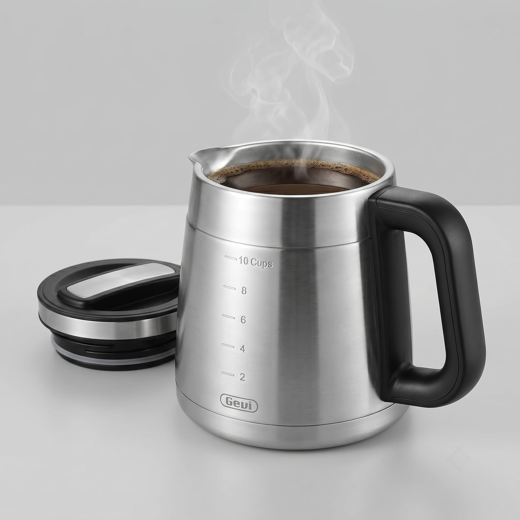 Gevi thermal carafe with measurement markings and ergonomic handle, insulated stainless steel construction