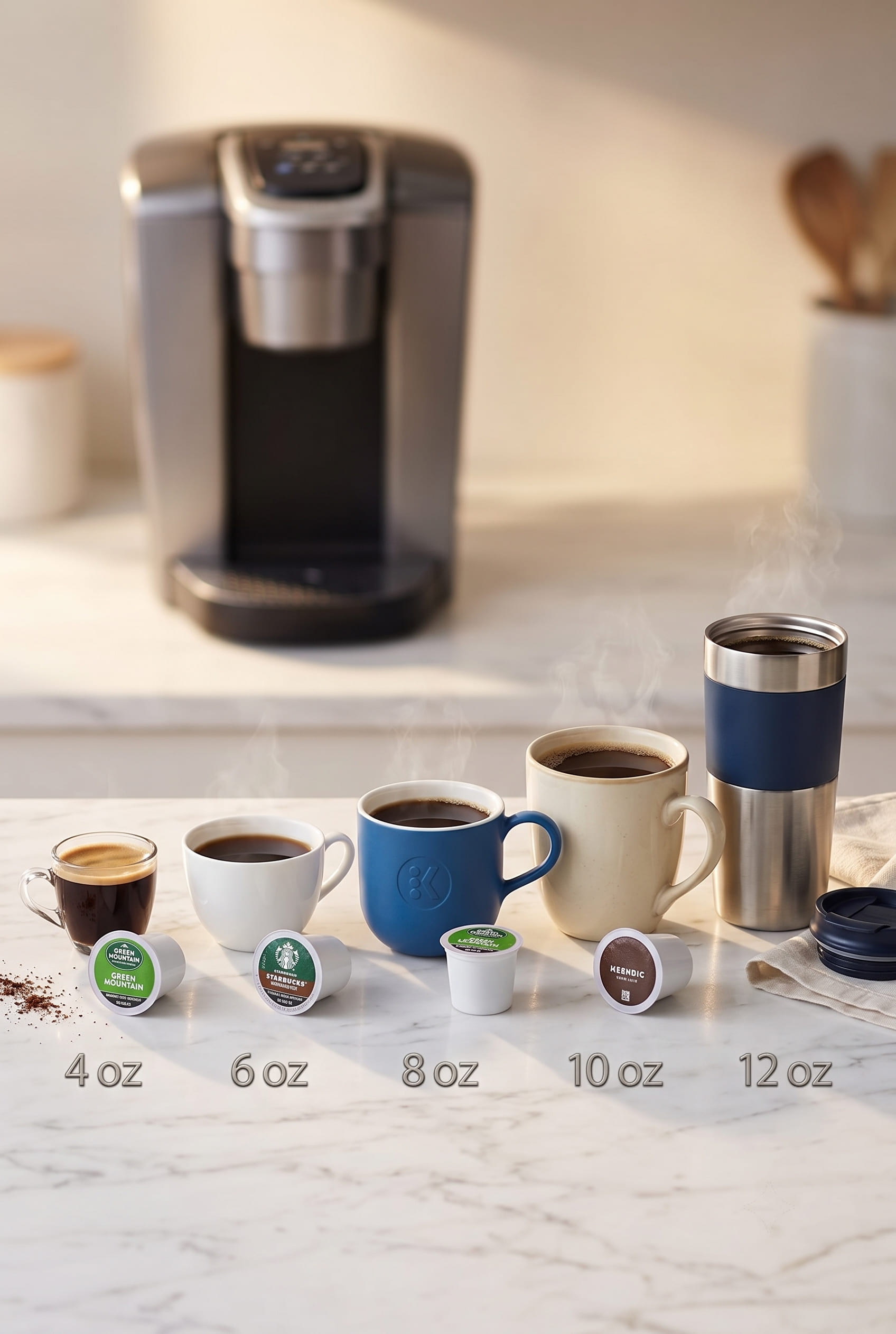 Keurig K-Elite five brew size options — 4, 6, 8, 10, and 12 oz cups displayed side by side