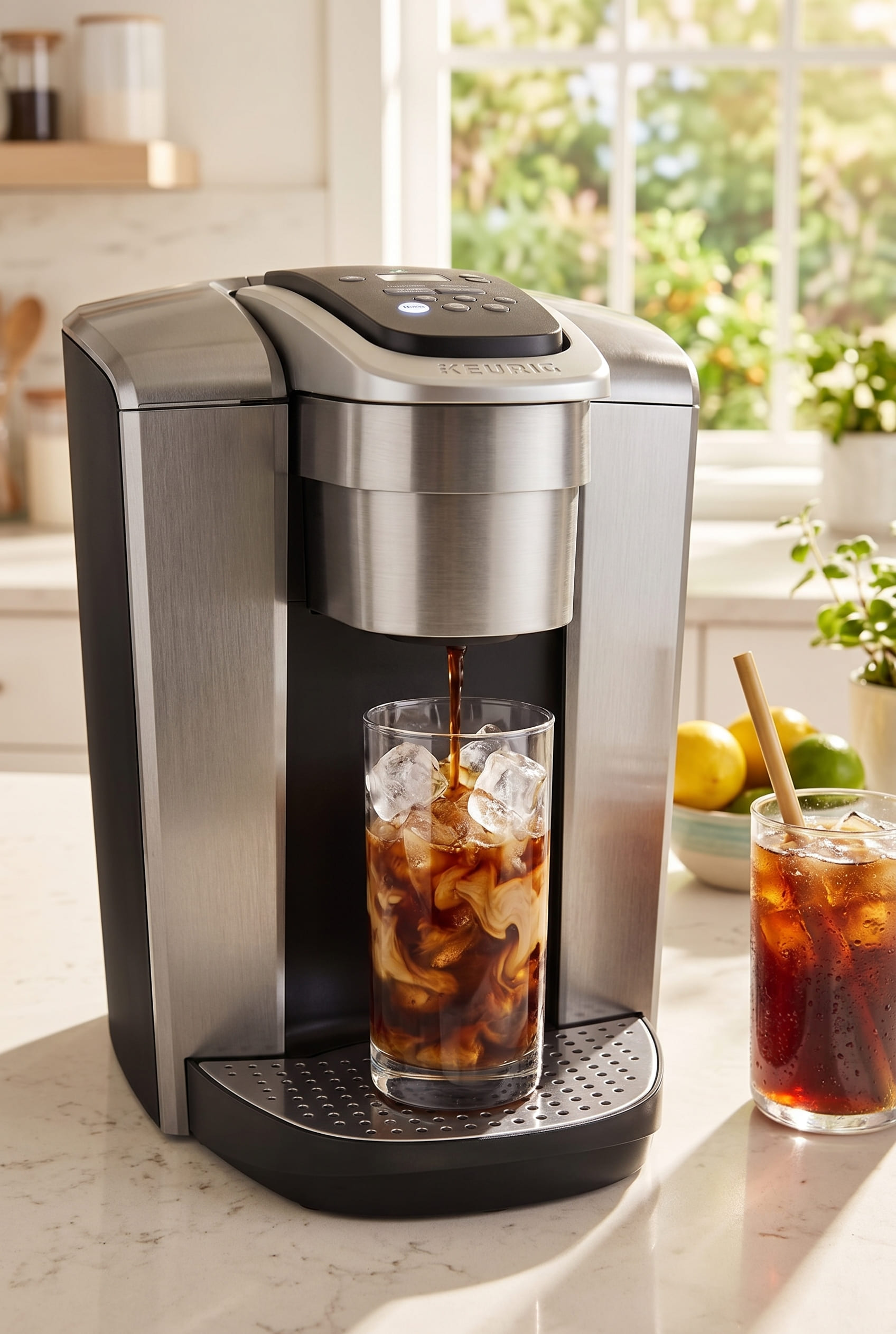 Keurig K-Elite iced coffee mode brewing concentrated coffee over a glass filled with ice cubes