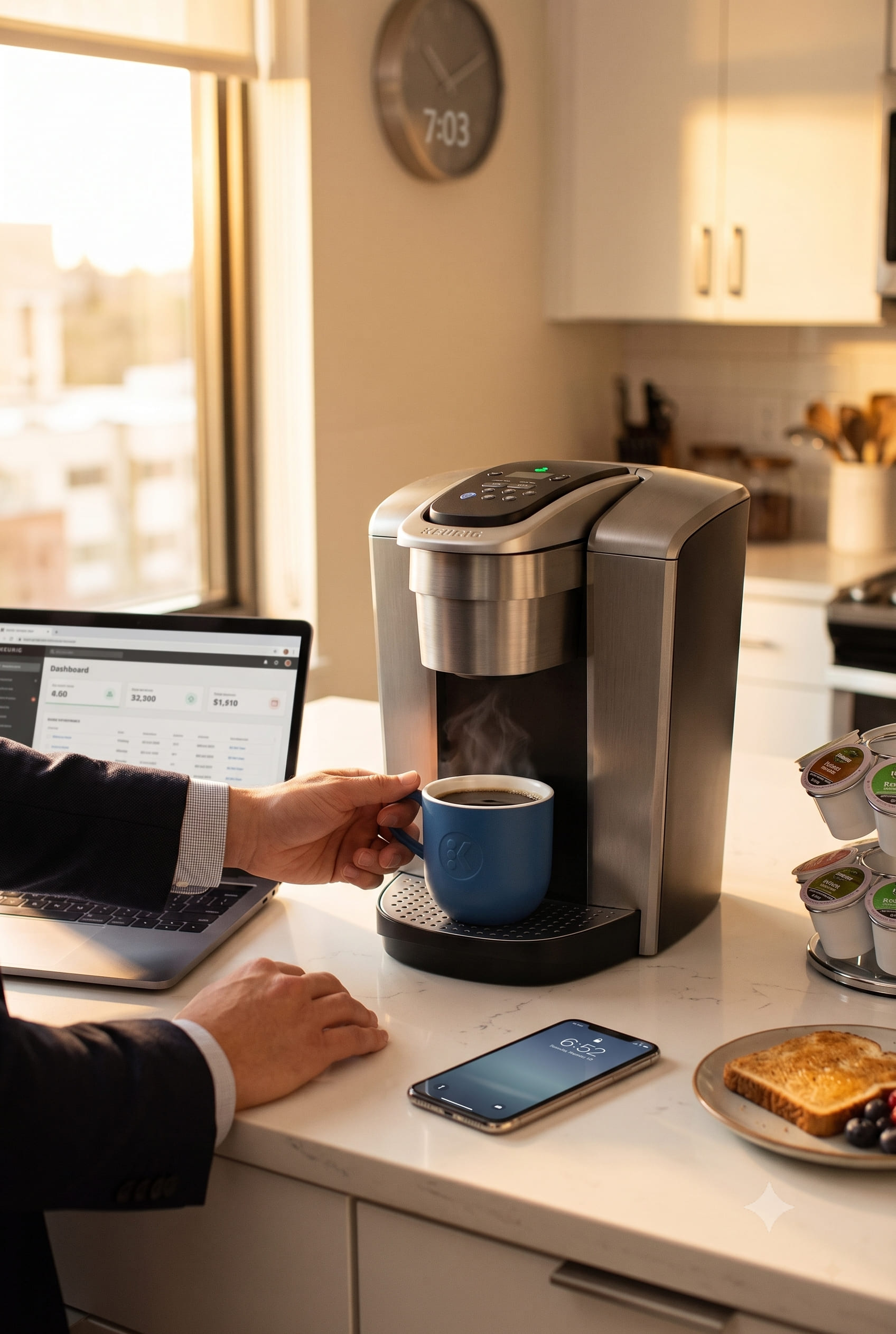 Keurig K-Elite brewing in a warm morning kitchen — busy professional reaching for a freshly brewed mug
