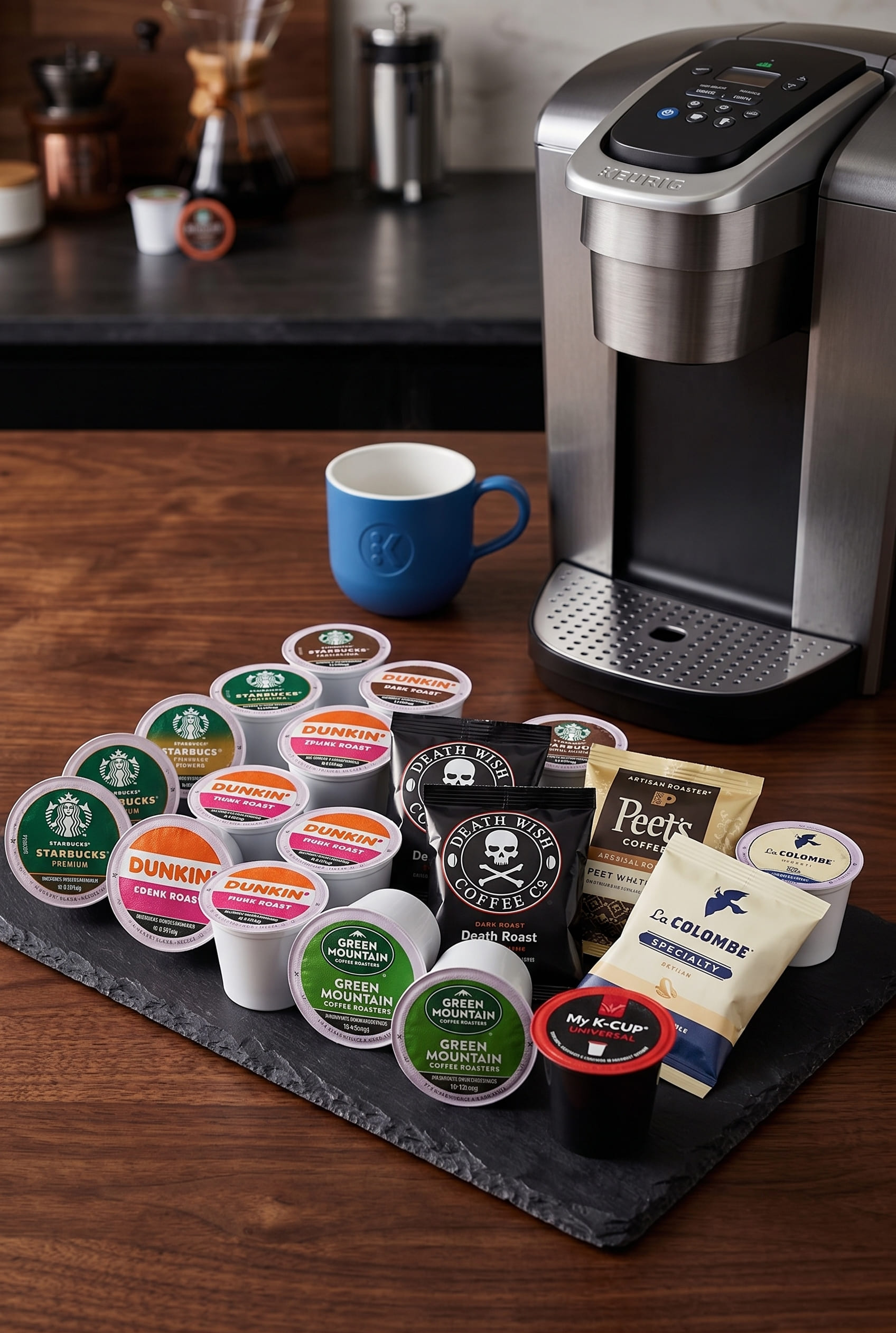 Assortment of K-Cup pods from premium to store-brand spread around the Keurig K-Elite machine