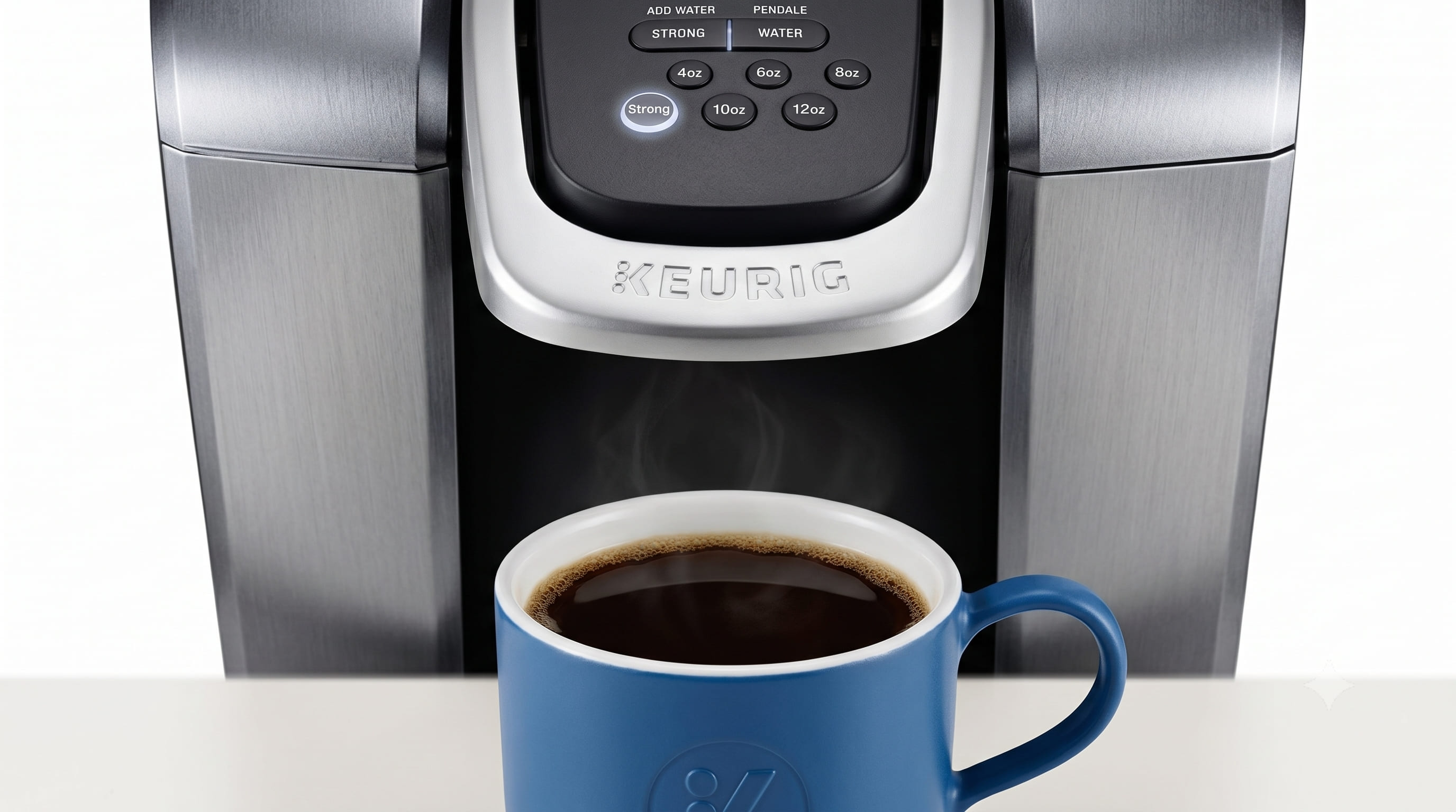 Keurig K-Elite strong brew button illuminated on the control panel — increases brew intensity for bolder coffee