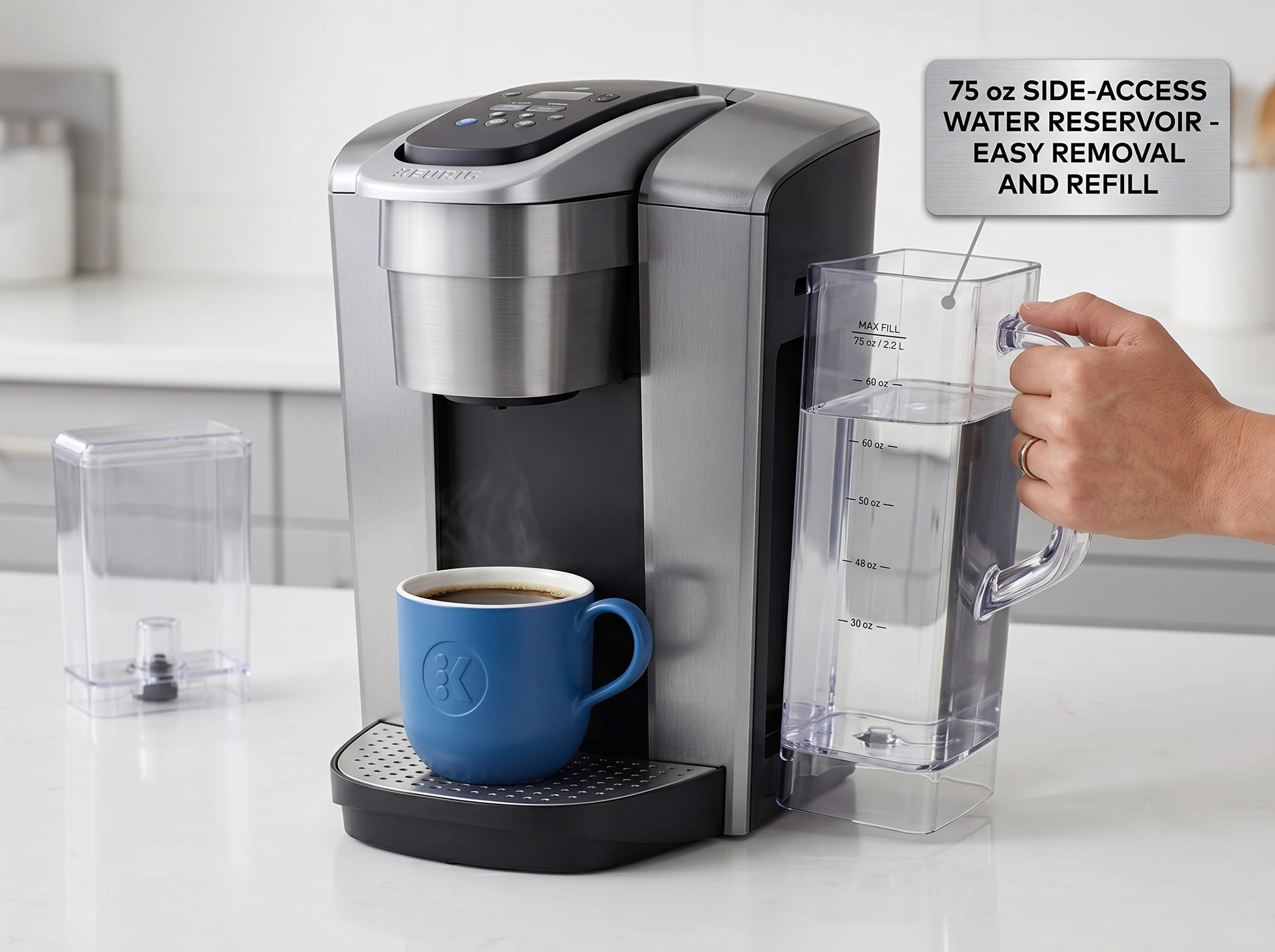 Keurig K-Elite 75 oz side-access water reservoir with fill markings — enough for 8-10 brews before refilling