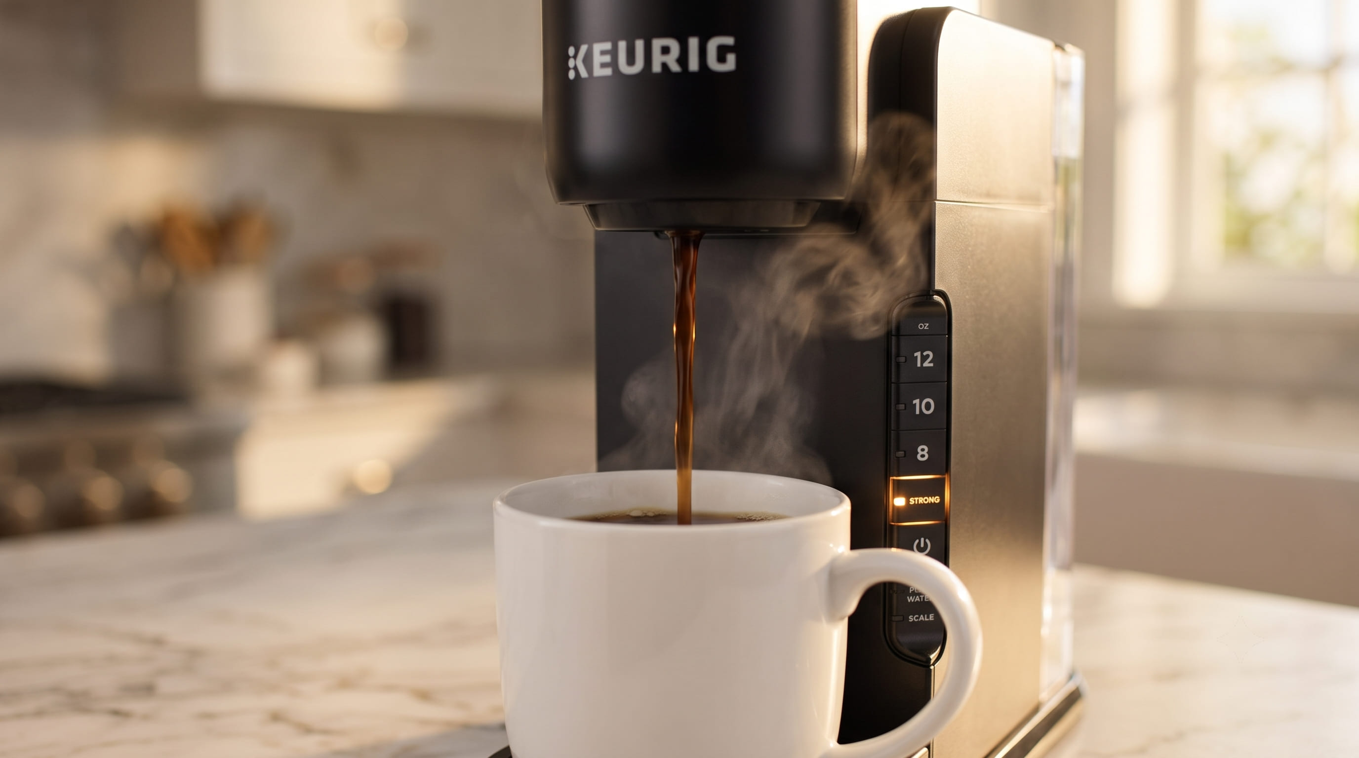 Keurig K-Express actively brewing coffee into a standard 12oz mug — strong brew button visible on control panel