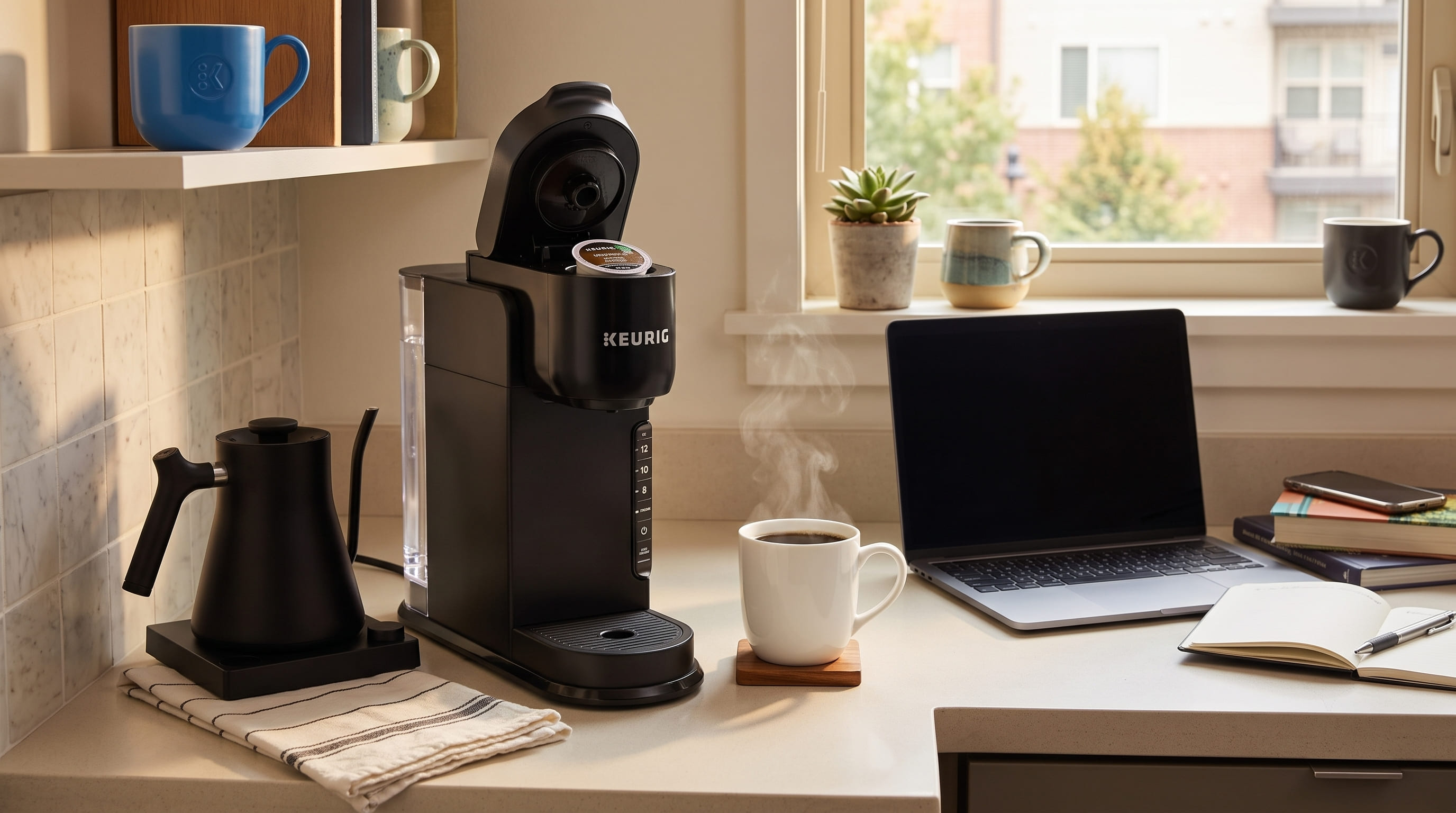 Keurig K-Express on a small apartment kitchen counter next to a laptop — compact footprint perfect for small spaces