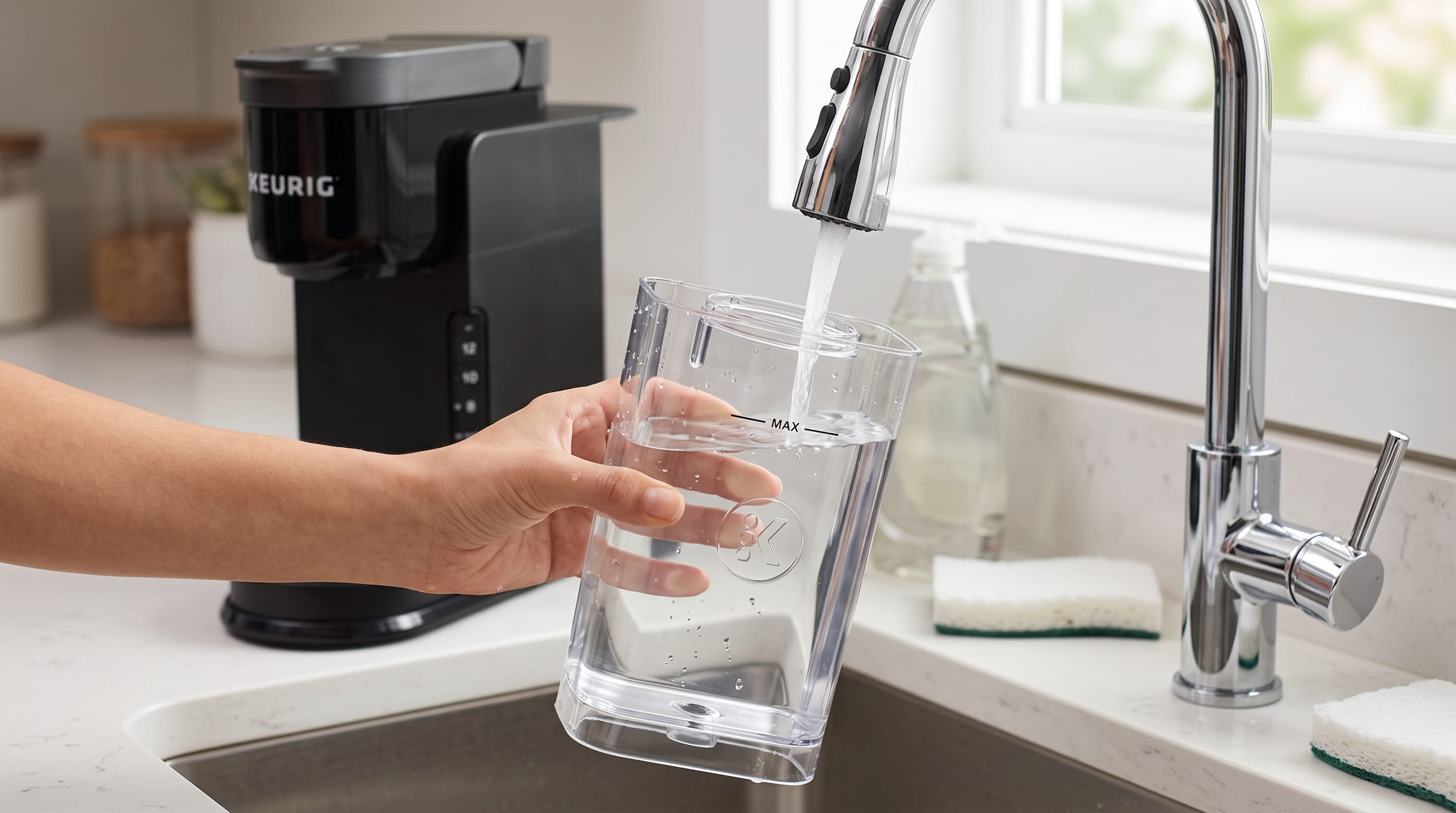 Keurig K-Express 36oz removable water reservoir being filled at kitchen sink — side-access design for easy refilling