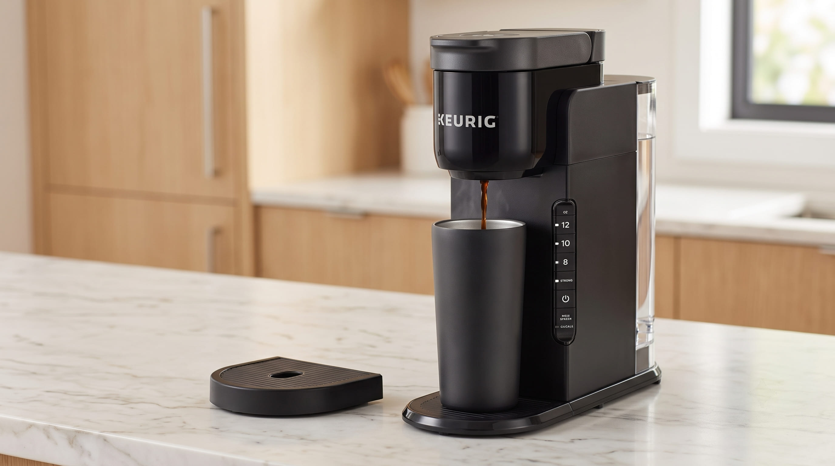 Keurig K-Express brewing directly into a tall travel mug — accommodates cups up to 7.2 inches tall with removable drip tray