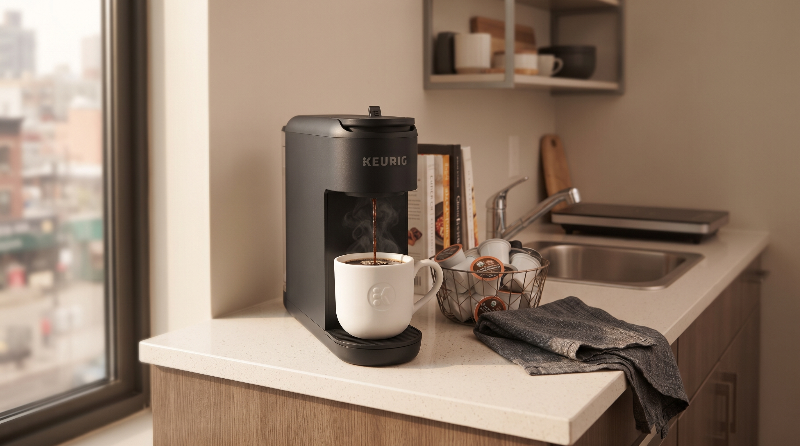 Keurig K-Mini Mate Plus on apartment kitchen counter with cup of fresh coffee in morning sunlight showing real-world usage