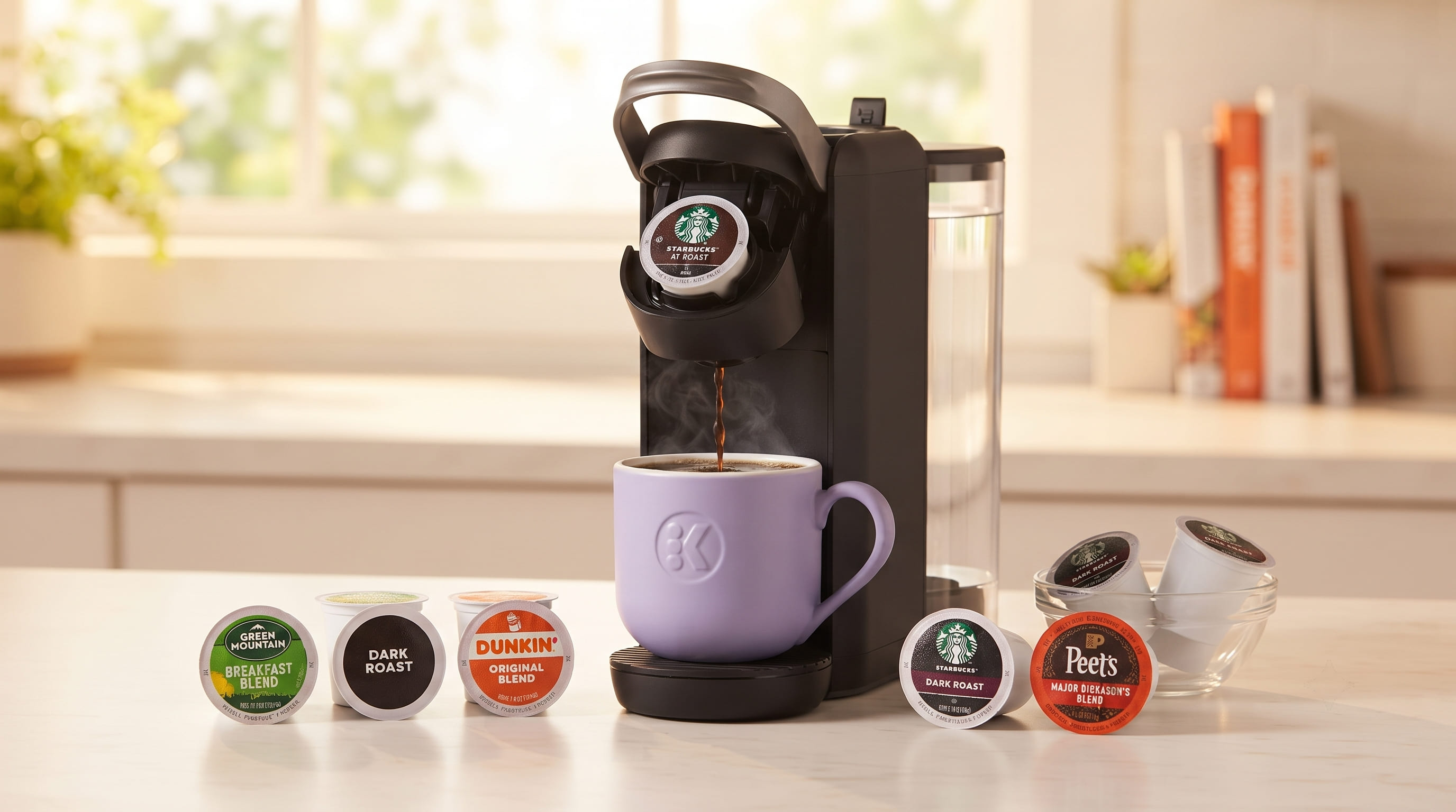 Keurig K-Cup pod system with various coffee brand pods displayed and K-Mini Mate Plus showing pod insertion and water reservoir