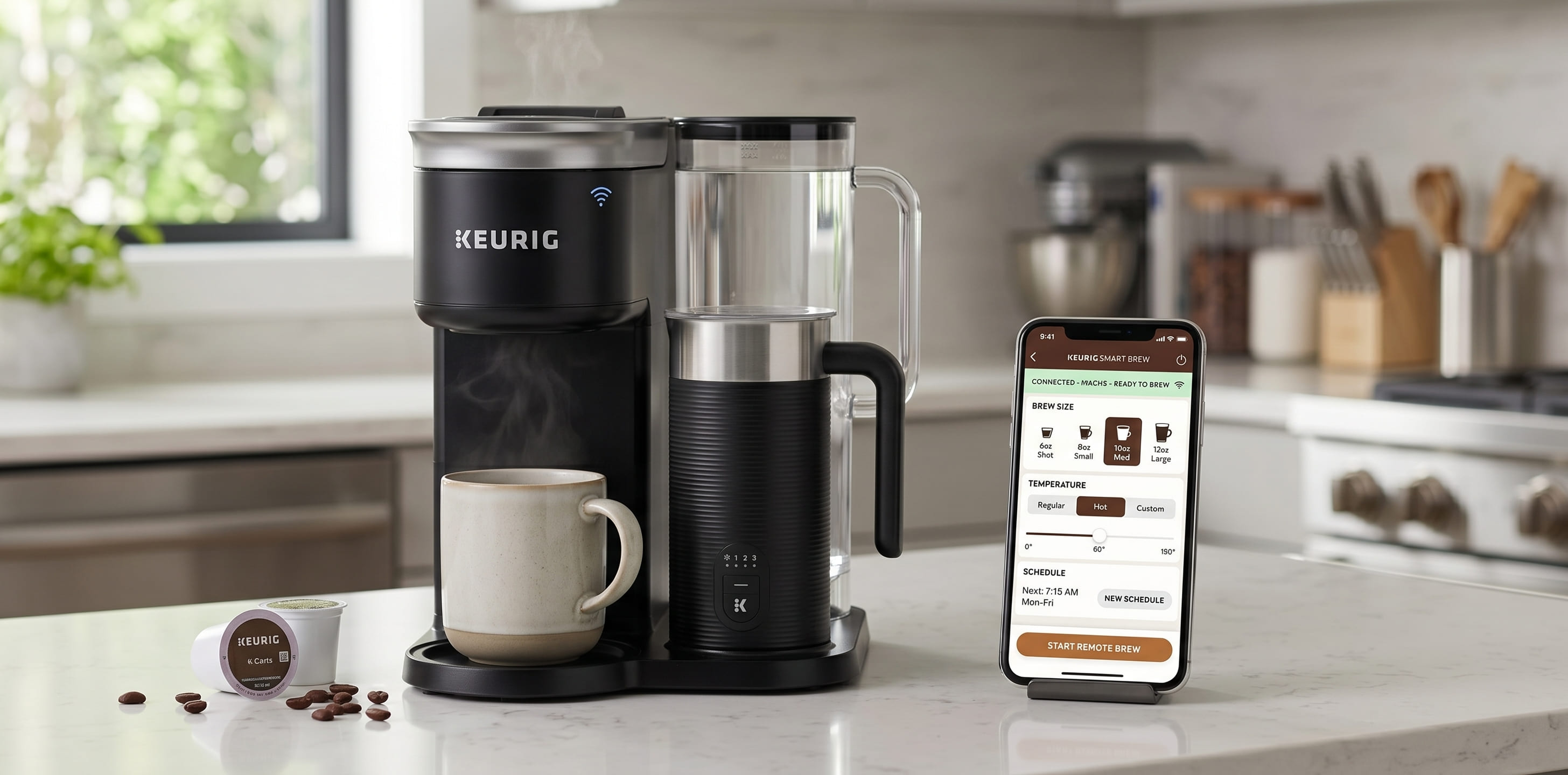 Keurig Mobile App dashboard showing brew size, temperature, and scheduling controls — app-controlled smart brewer wi-fi connectivity