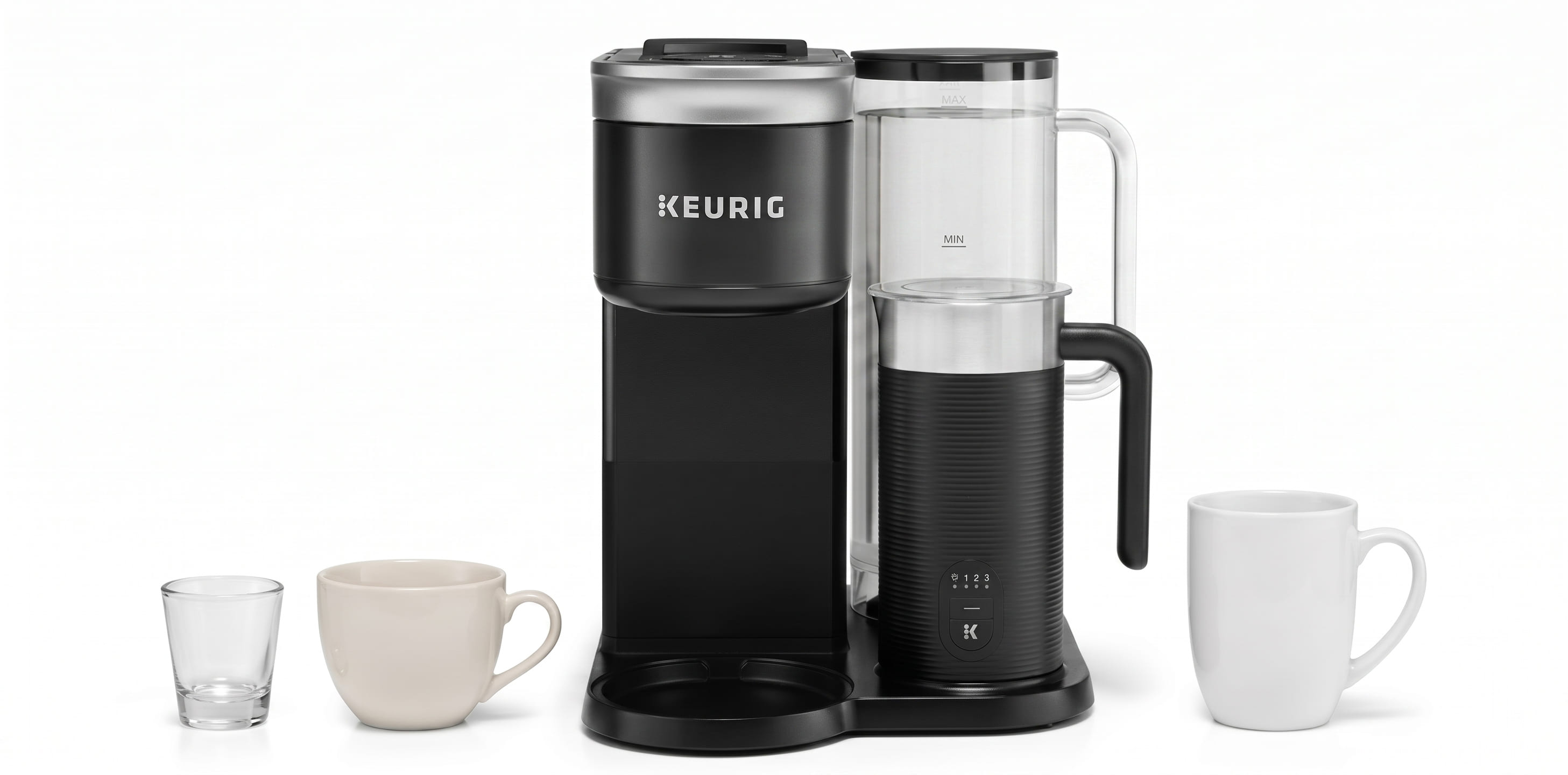 Keurig Smart Brewer three brew size options: 6oz shot, 10oz cup, and 15oz mug with interactive touchscreen selector