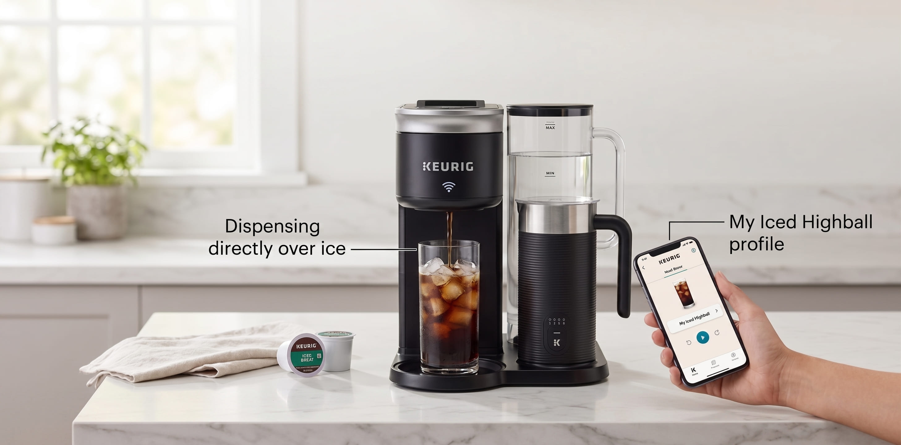 Keurig Smart Brewer dispensing freshly brewed iced coffee into glass with ice cubes — keurig app controlled iced brewing